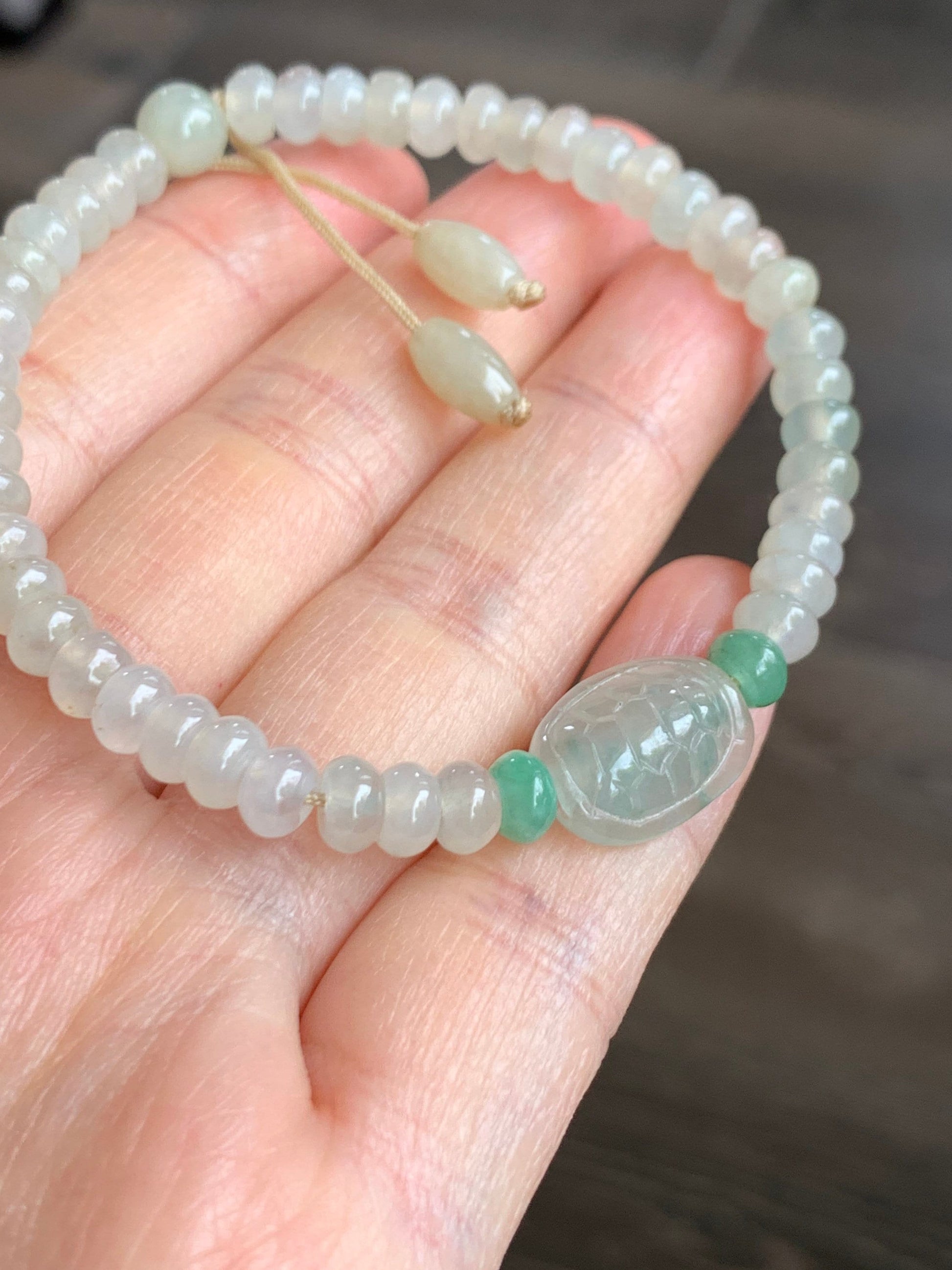Natural Burmese Icy Highly Translucent Jadeite Flat Beads Carved Green Marbled Jadeite Turtle Shell Beaded Bracelet 7” 天然缅甸冰糖黄翡翠算盘珠飘花富甲手串