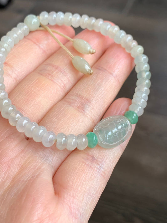 Natural Burmese Icy Highly Translucent Jadeite Flat Beads Carved Green Marbled Jadeite Turtle Shell Beaded Bracelet 7” 天然缅甸冰糖黄翡翠算盘珠飘花富甲手串