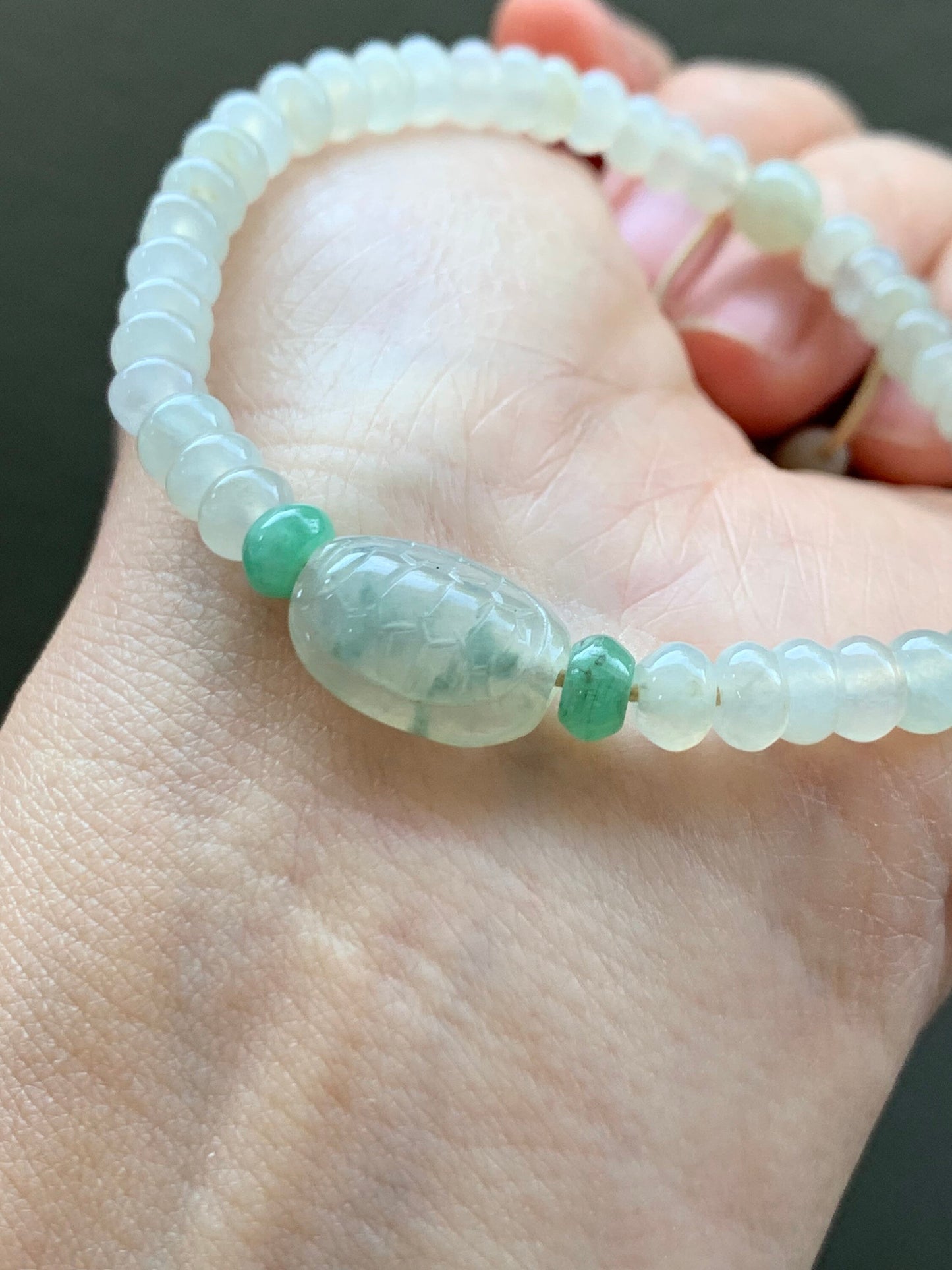 Natural Burmese Icy Highly Translucent Jadeite Flat Beads Carved Green Marbled Jadeite Turtle Shell Beaded Bracelet 7” 天然缅甸冰糖黄翡翠算盘珠飘花富甲手串