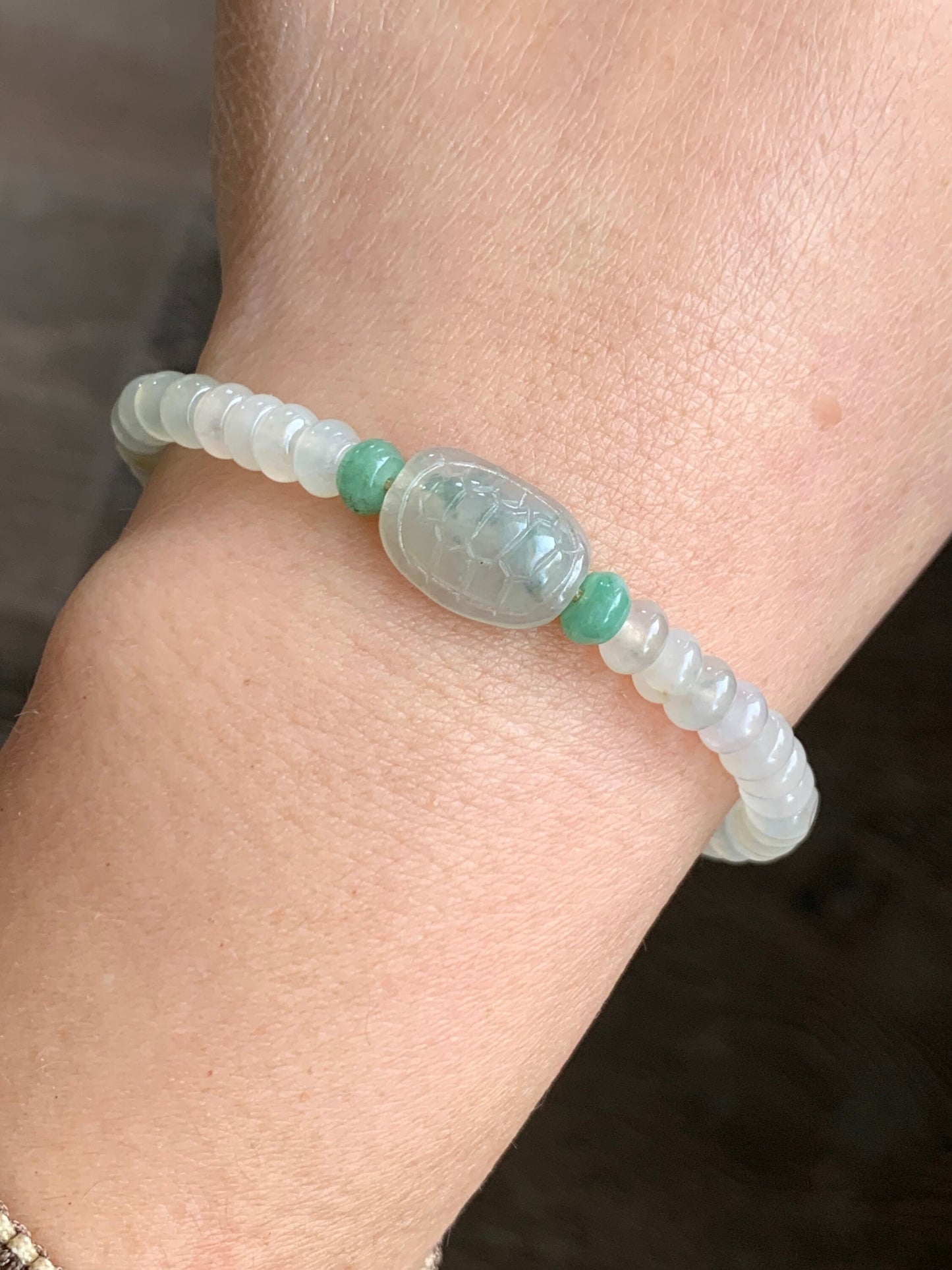 Natural Burmese Icy Highly Translucent Jadeite Flat Beads Carved Green Marbled Jadeite Turtle Shell Beaded Bracelet 7” 天然缅甸冰糖黄翡翠算盘珠飘花富甲手串