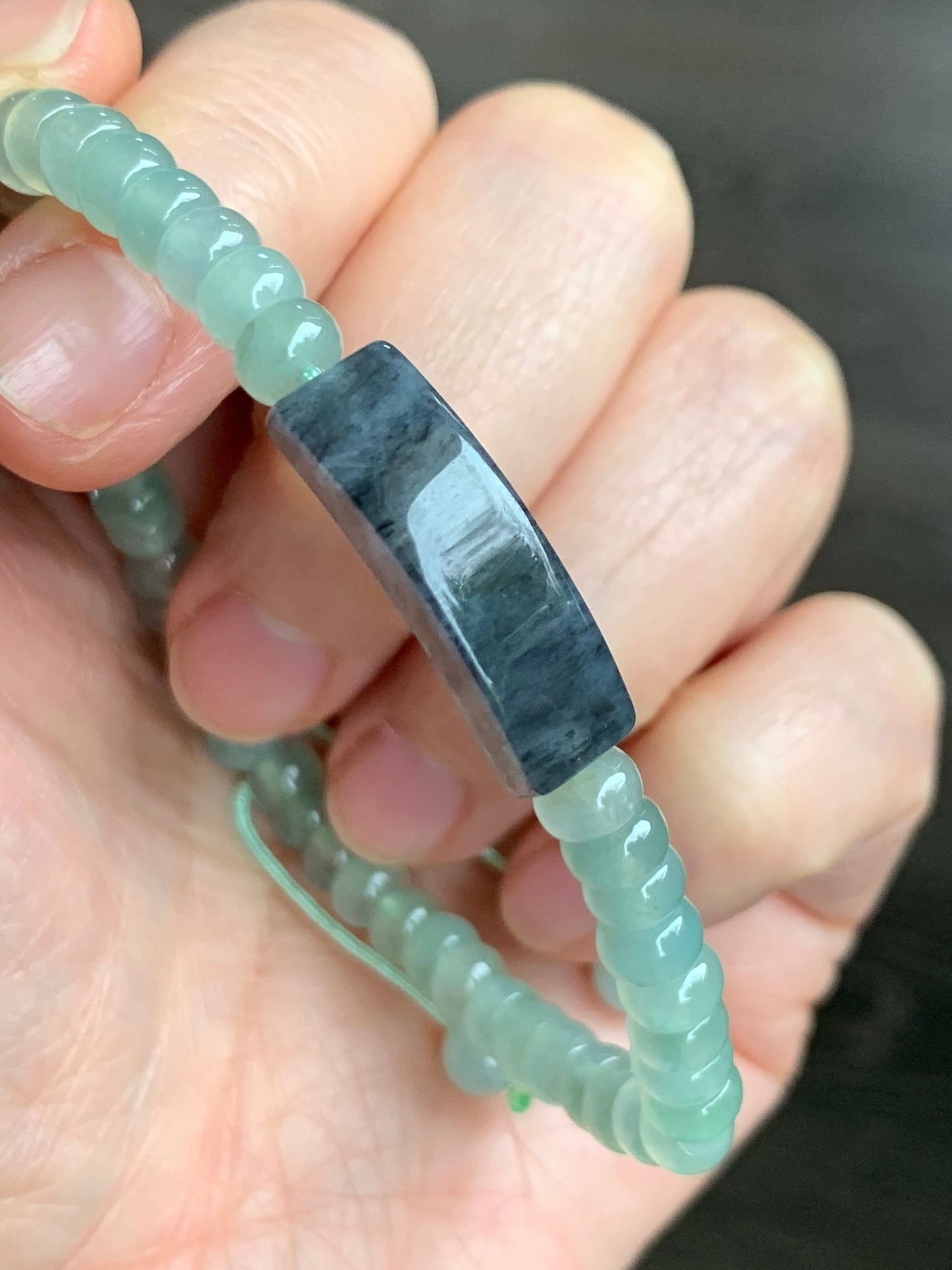 Natural Burmese Icy Highly Translucent Gelatinous Light Green Jadeite Flat Beads Wuji Jadeite Curved Bead Beaded Bracelet 7” 天然缅甸晴底翡翠算盘珠乌鸡手牌
