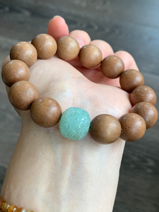 Natural Chandan Sandalwood Beads & Natural Burmese Translucent Icy Apple Green Jadeite Engraved Drum Bead Bracelet 7.75” 老山檀木珠天然缅甸冰果绿翡翠鼓珠手串