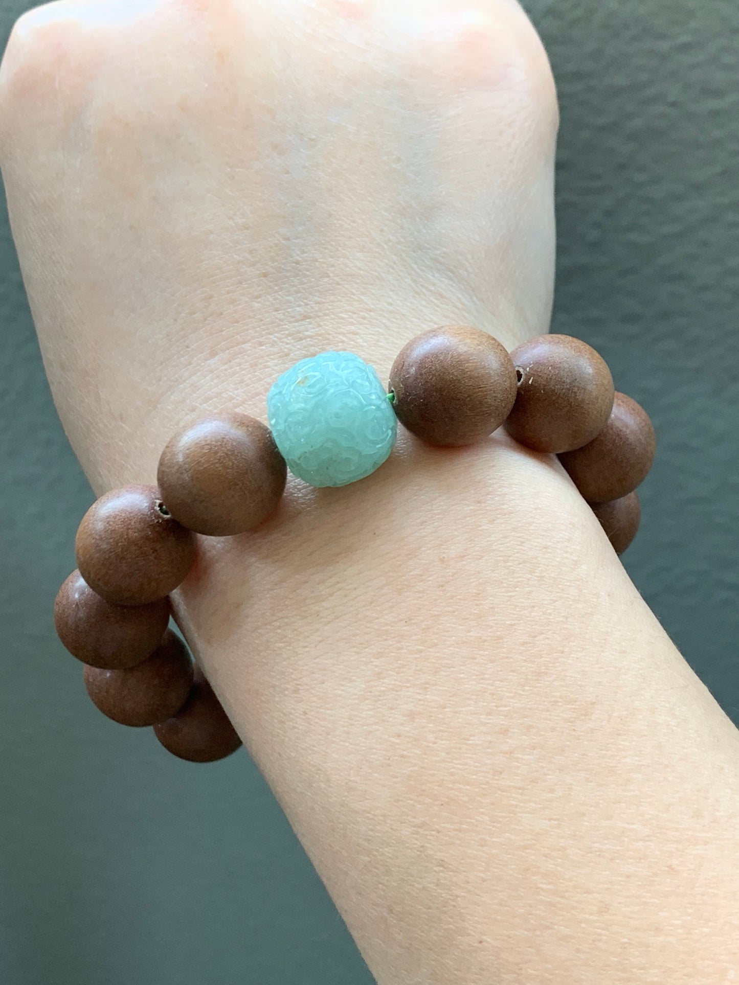 Natural Chandan Sandalwood Beads & Natural Burmese Translucent Icy Apple Green Jadeite Engraved Drum Bead Bracelet 7.75” 老山檀木珠天然缅甸冰果绿翡翠鼓珠手串