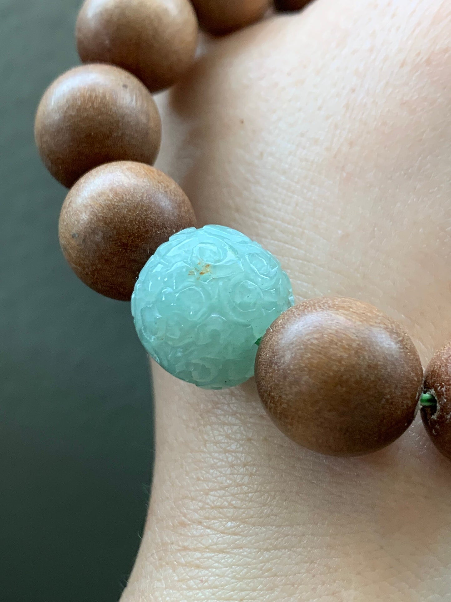 Natural Chandan Sandalwood Beads & Natural Burmese Translucent Icy Apple Green Jadeite Engraved Drum Bead Bracelet 7.75” 老山檀木珠天然缅甸冰果绿翡翠鼓珠手串