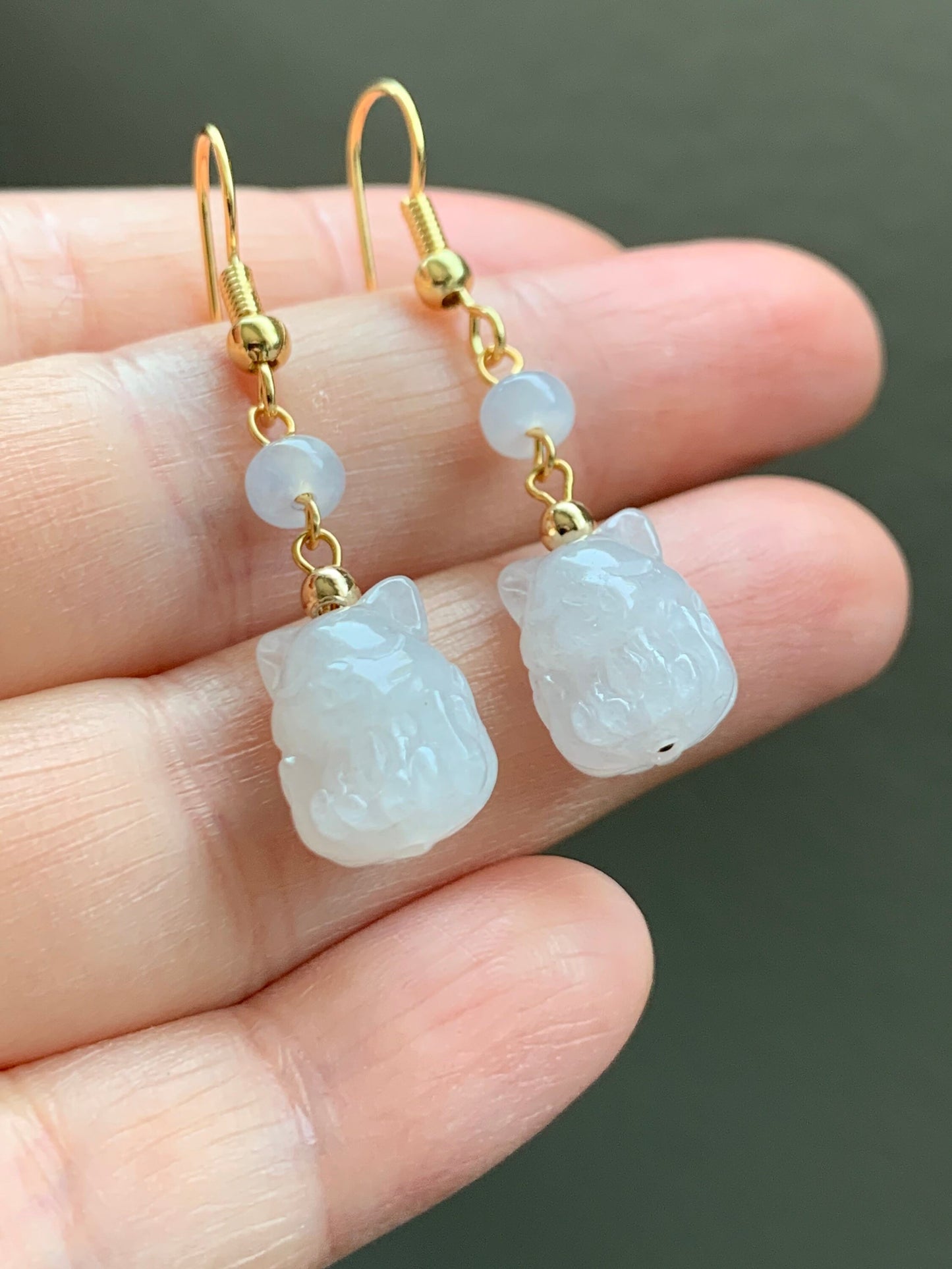 Natural Burmese Icy Translucent & Gelatinous White Jadeite 3D Carved Nine-Tailed Fox Dangle Earrings 14K Gold Plated 天然缅甸白冰起胶翡翠九尾狐狸包金耳钩
