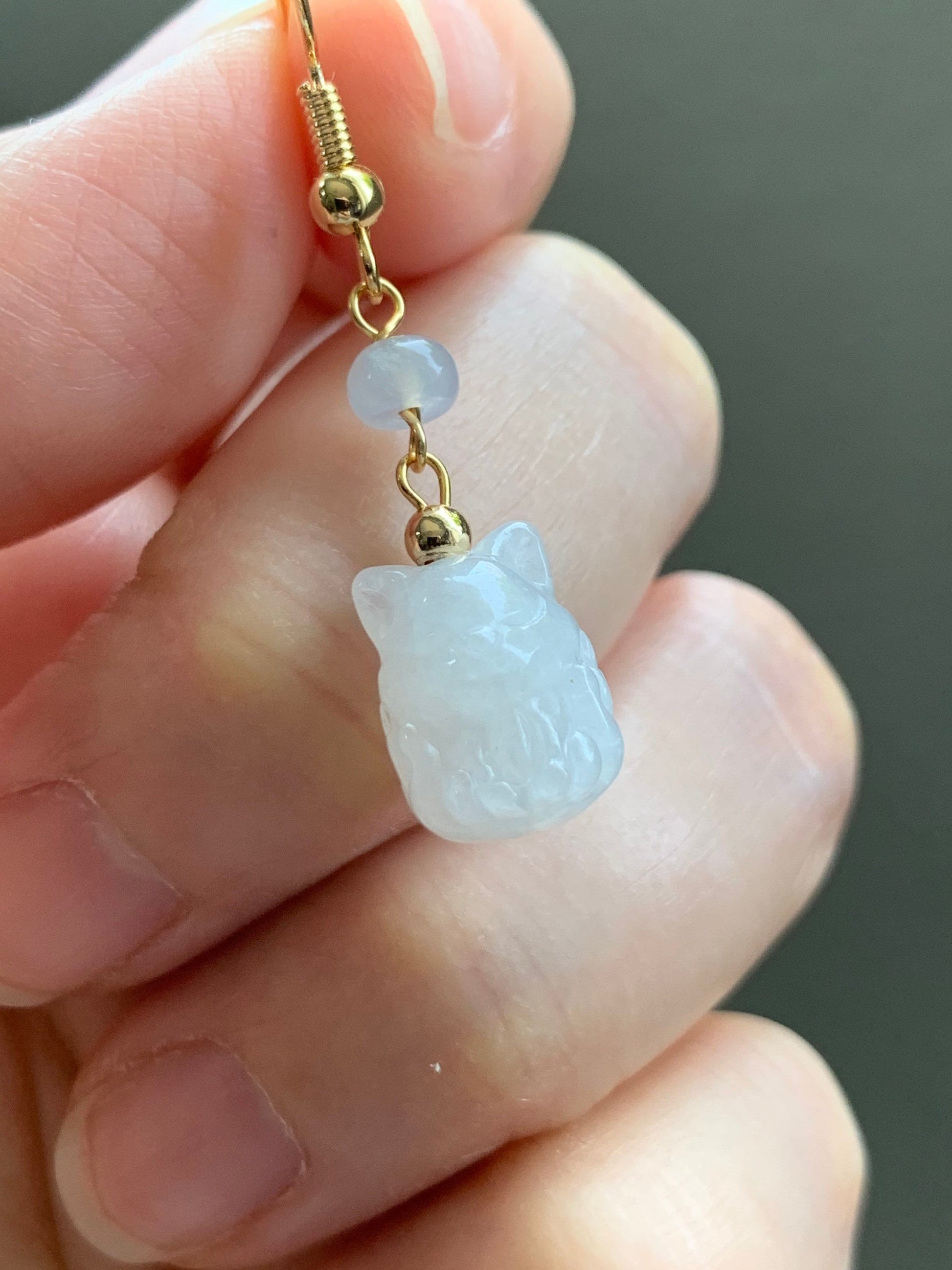 Natural Burmese Icy Translucent & Gelatinous White Jadeite 3D Carved Nine-Tailed Fox Dangle Earrings 14K Gold Plated 天然缅甸白冰起胶翡翠九尾狐狸包金耳钩