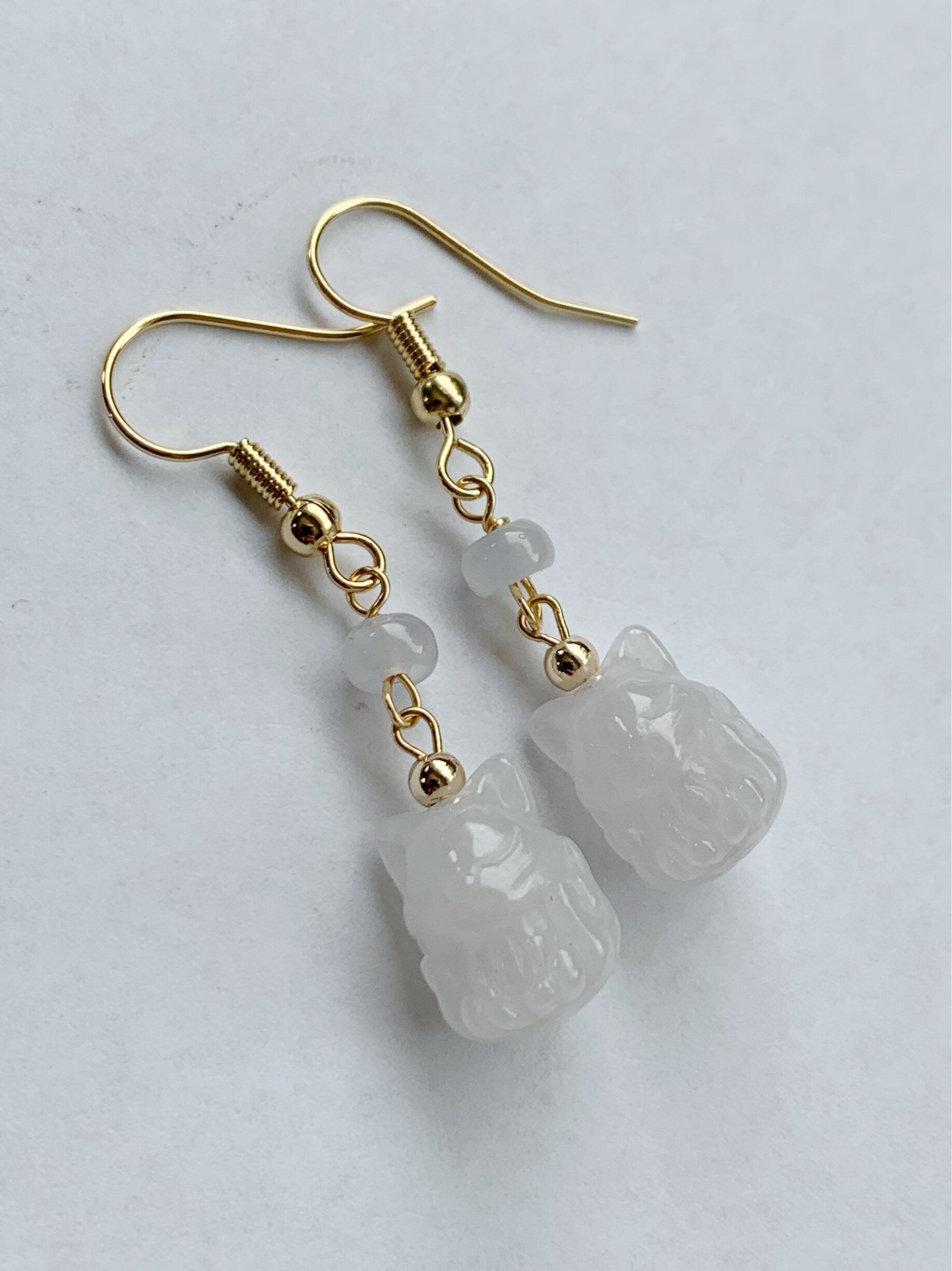 Natural Burmese Icy Translucent & Gelatinous White Jadeite 3D Carved Nine-Tailed Fox Dangle Earrings 14K Gold Plated 天然缅甸白冰起胶翡翠九尾狐狸包金耳钩