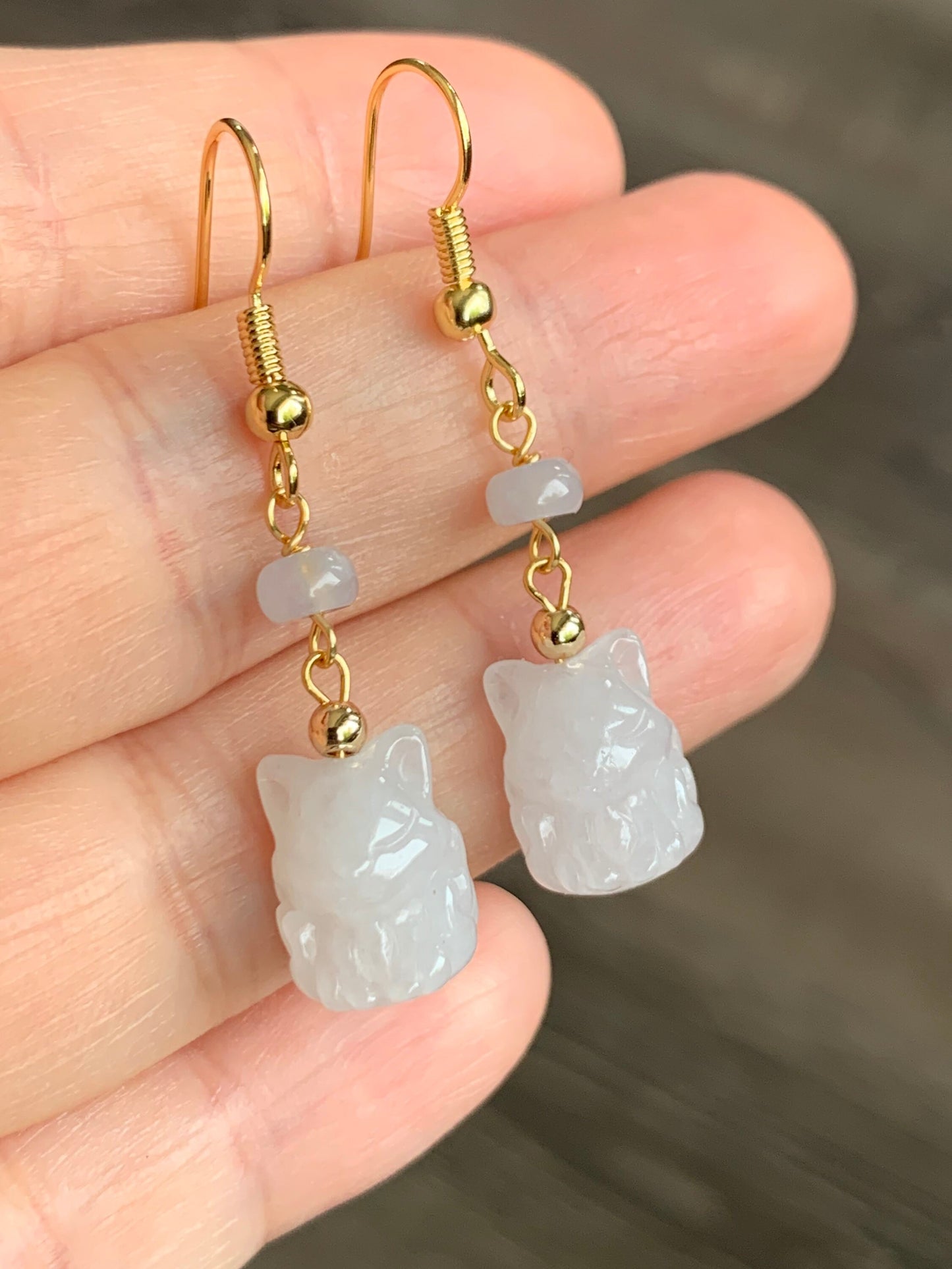 Natural Burmese Icy Translucent & Gelatinous White Jadeite 3D Carved Nine-Tailed Fox Dangle Earrings 14K Gold Plated 天然缅甸白冰起胶翡翠九尾狐狸包金耳钩