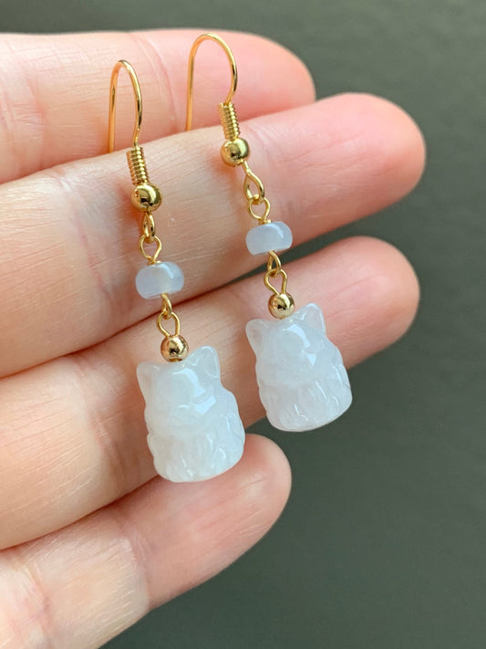 Natural Burmese Icy Translucent & Gelatinous White Jadeite 3D Carved Nine-Tailed Fox Dangle Earrings 14K Gold Plated 天然缅甸白冰起胶翡翠九尾狐狸包金耳钩