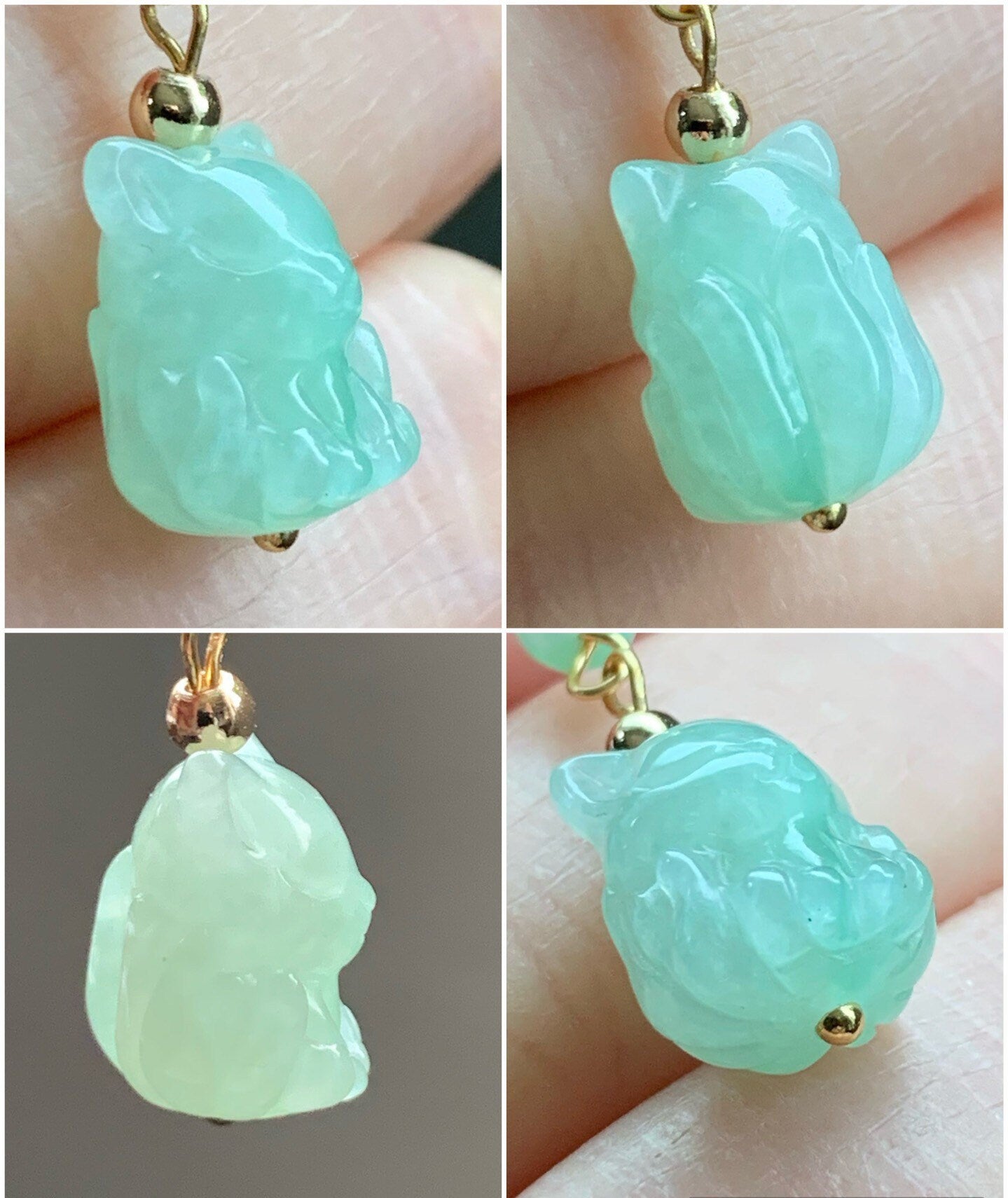 Natural Burmese Icy Translucent & Gelatinous Light Green Jadeite 3D Carved Nine-Tailed Fox Dangle Earrings 14K Gold Plated 天然缅甸冰晴翡翠九尾狐狸包金耳钩