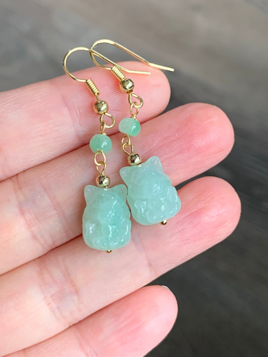 Natural Burmese Icy Translucent & Gelatinous Light Green Jadeite 3D Carved Nine-Tailed Fox Dangle Earrings 14K Gold Plated 天然缅甸冰晴翡翠九尾狐狸包金耳钩