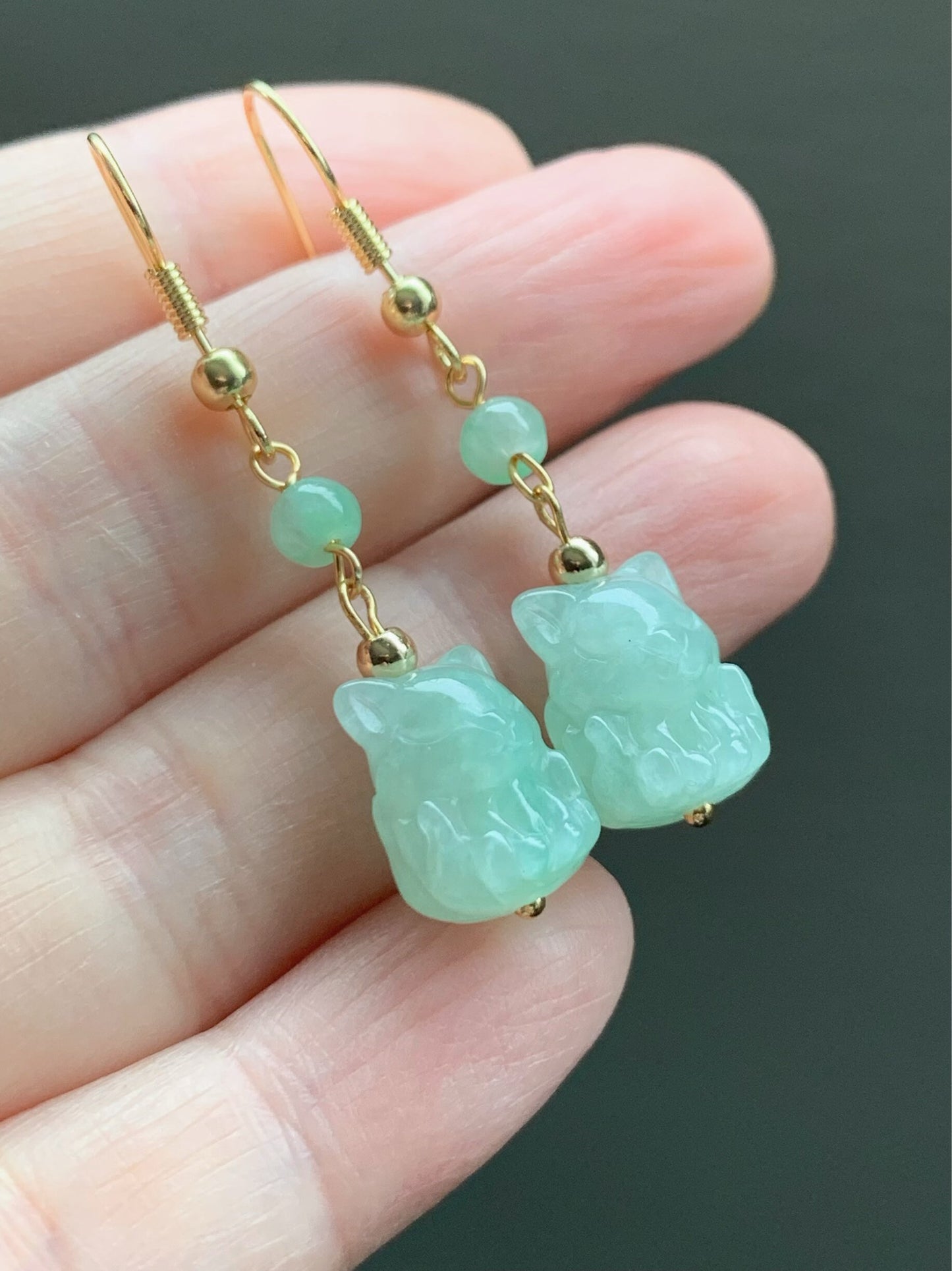 Natural Burmese Icy Translucent & Gelatinous Light Green Jadeite 3D Carved Nine-Tailed Fox Dangle Earrings 14K Gold Plated 天然缅甸冰晴翡翠九尾狐狸包金耳钩