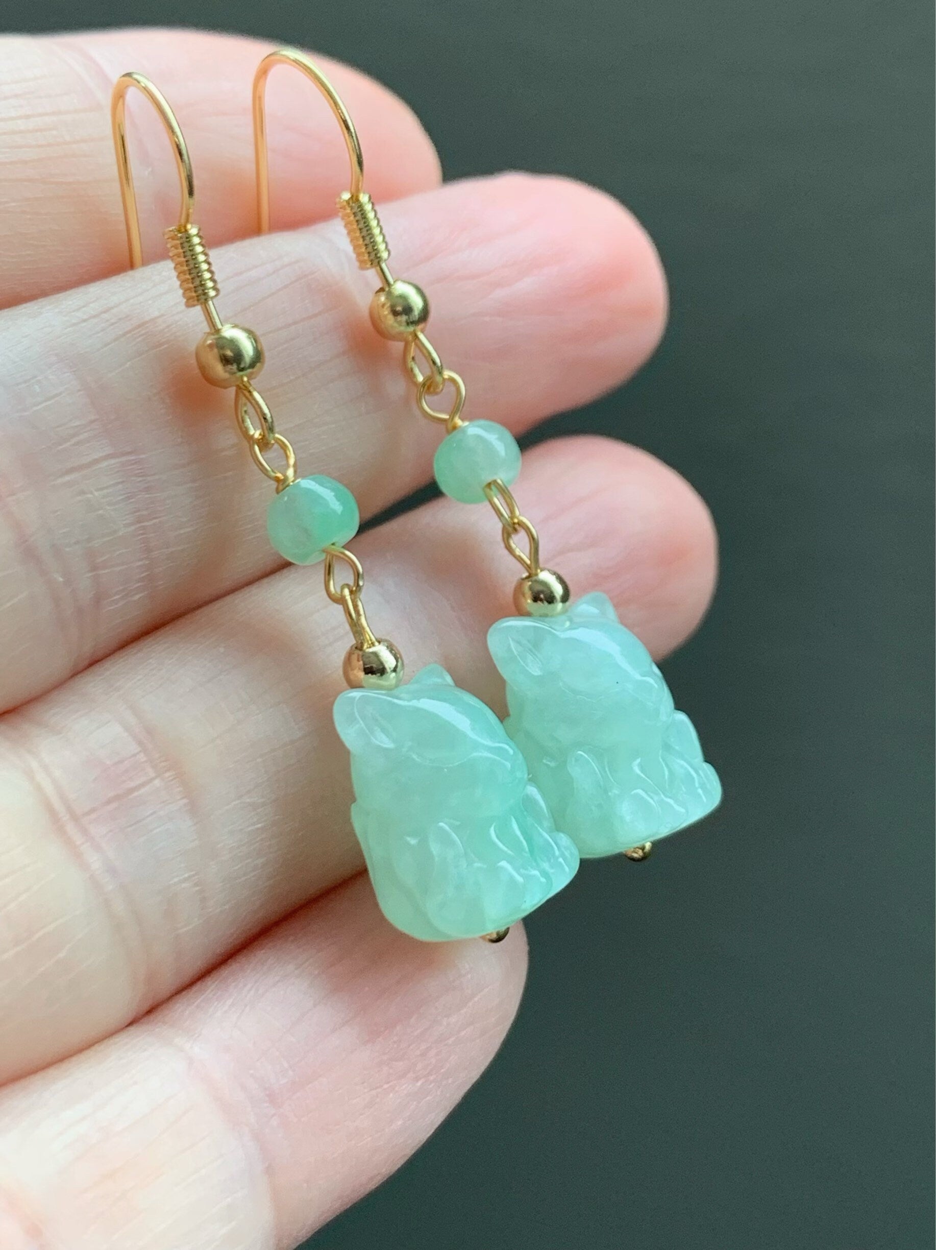 Natural Burmese Icy Translucent & Gelatinous Light Green Jadeite 3D Carved Nine-Tailed Fox Dangle Earrings 14K Gold Plated 天然缅甸冰晴翡翠九尾狐狸包金耳钩