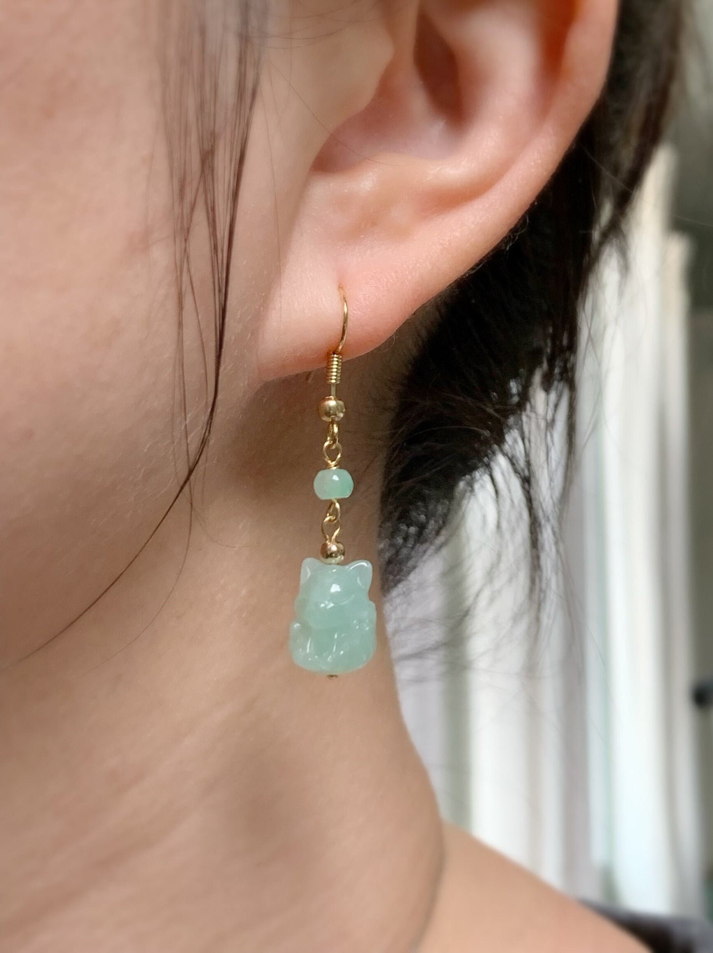 Natural Burmese Icy Translucent & Gelatinous Light Green Jadeite 3D Carved Nine-Tailed Fox Dangle Earrings 14K Gold Plated 天然缅甸冰晴翡翠九尾狐狸包金耳钩