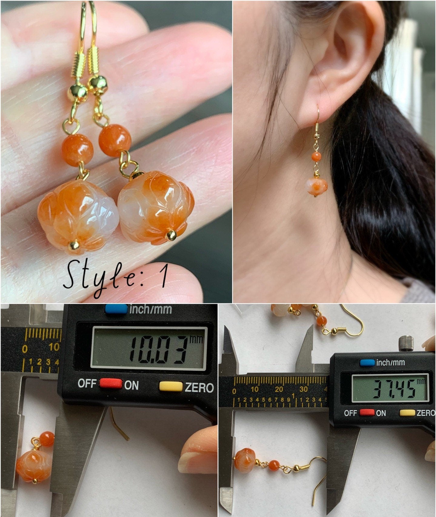 Genuine Burmese Icy Translucent Gelatinous White Jadeite w/ Red Marbling Lotus Flower Dangle Earrings 14K Gold Filled 缅甸冰胶烧红翡翠莲花包金耳钩