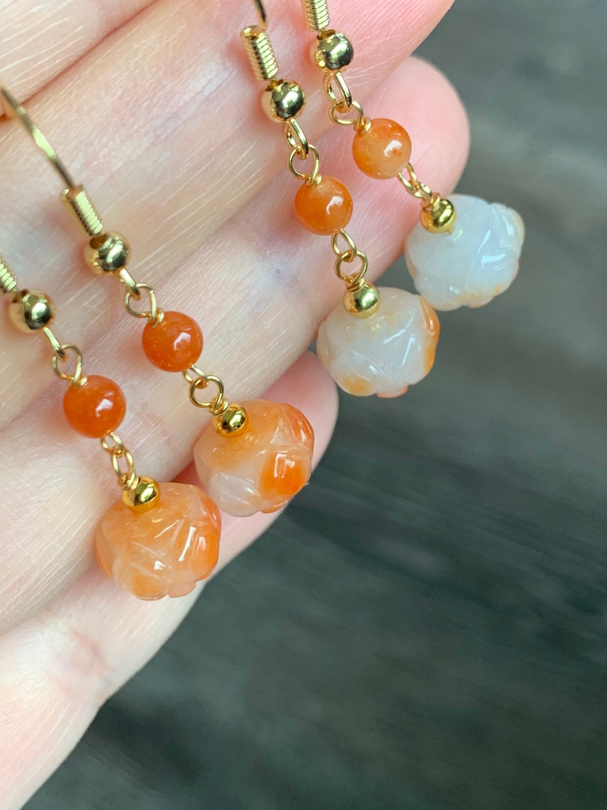 Genuine Burmese Icy Translucent Gelatinous White Jadeite w/ Red Marbling Lotus Flower Dangle Earrings 14K Gold Filled 缅甸冰胶烧红翡翠莲花包金耳钩