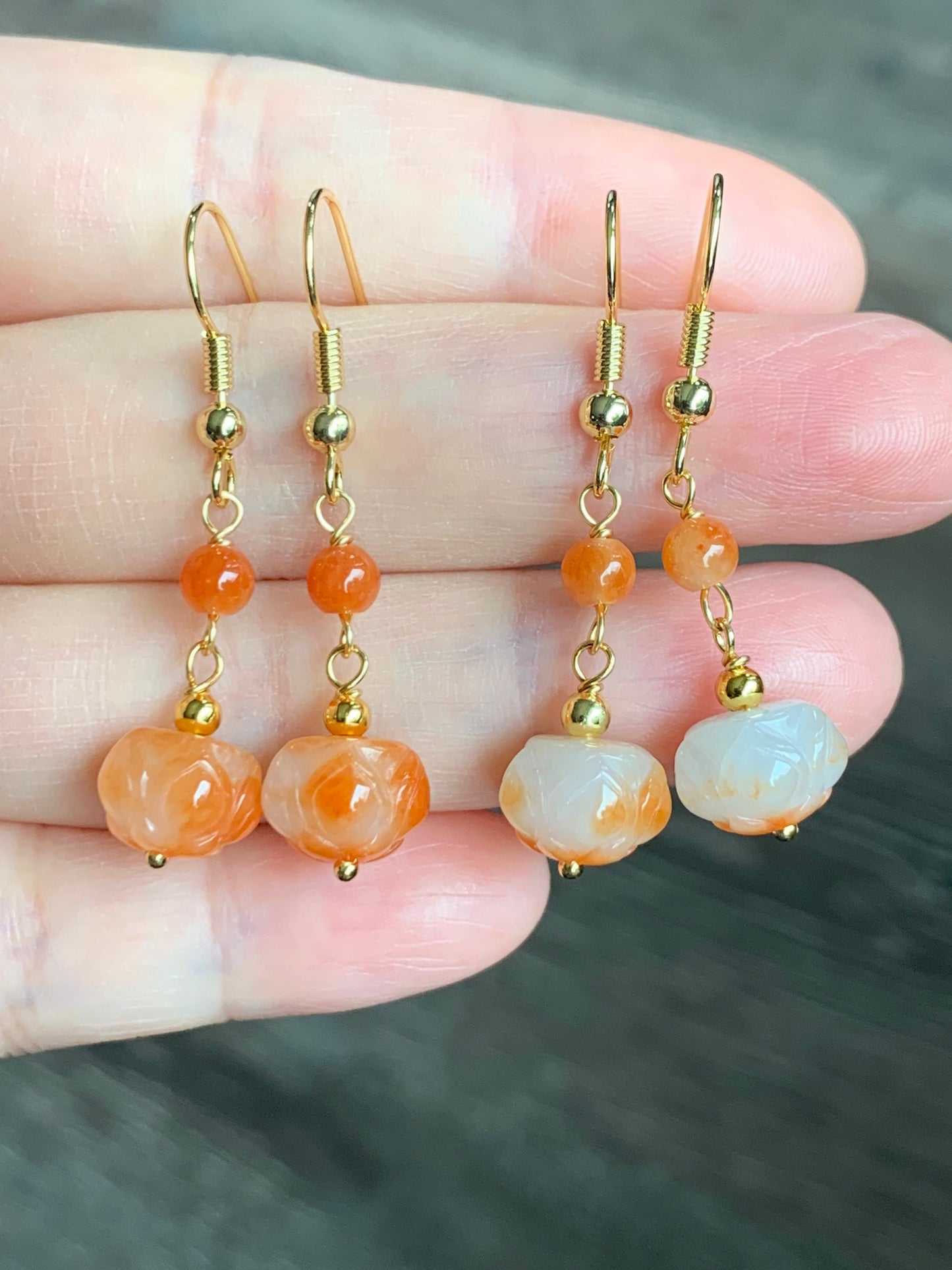 Genuine Burmese Icy Translucent Gelatinous White Jadeite w/ Red Marbling Lotus Flower Dangle Earrings 14K Gold Filled 缅甸冰胶烧红翡翠莲花包金耳钩