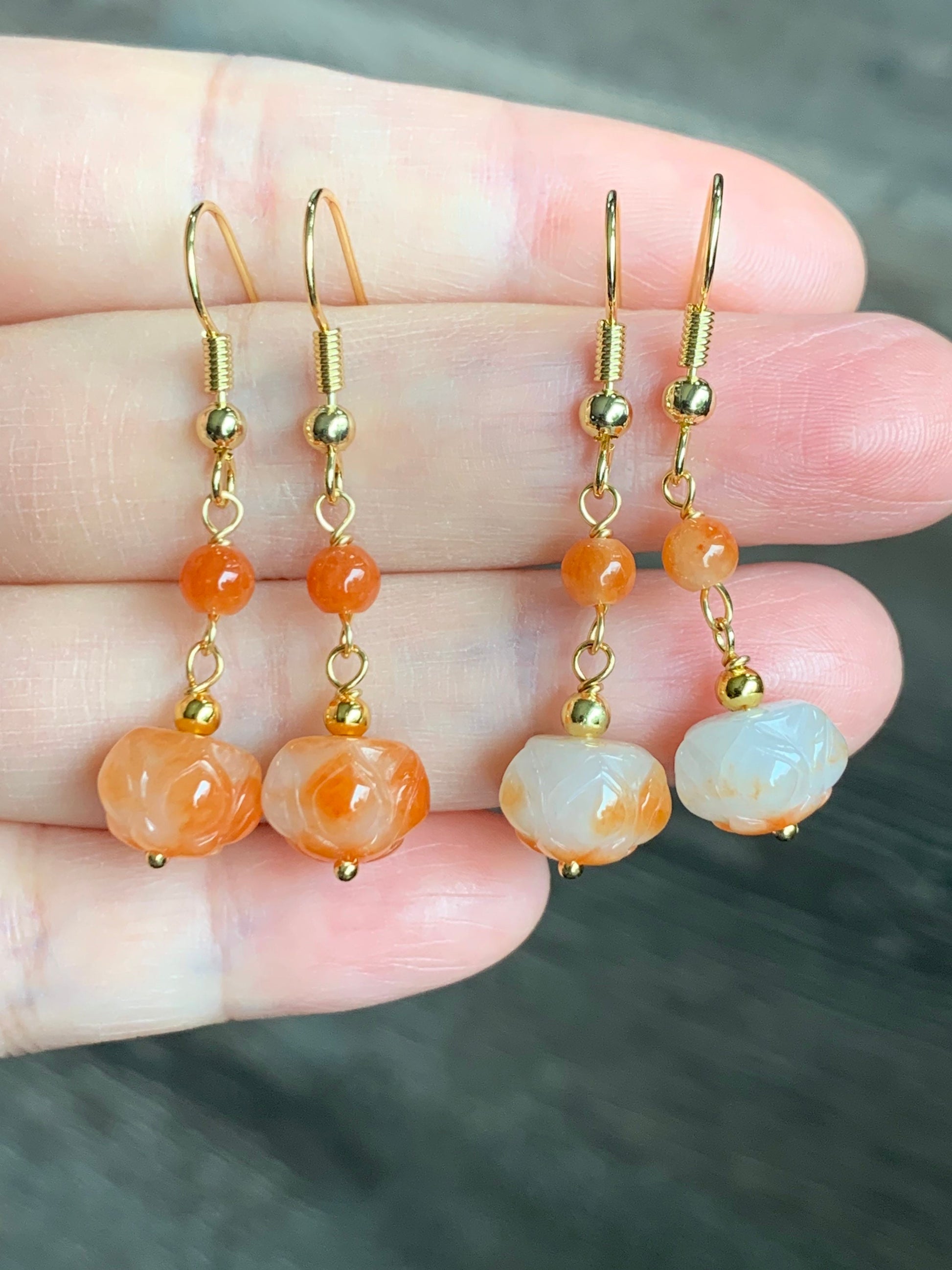 Genuine Burmese Icy Translucent Gelatinous White Jadeite w/ Red Marbling Lotus Flower Dangle Earrings 14K Gold Filled 缅甸冰胶烧红翡翠莲花包金耳钩
