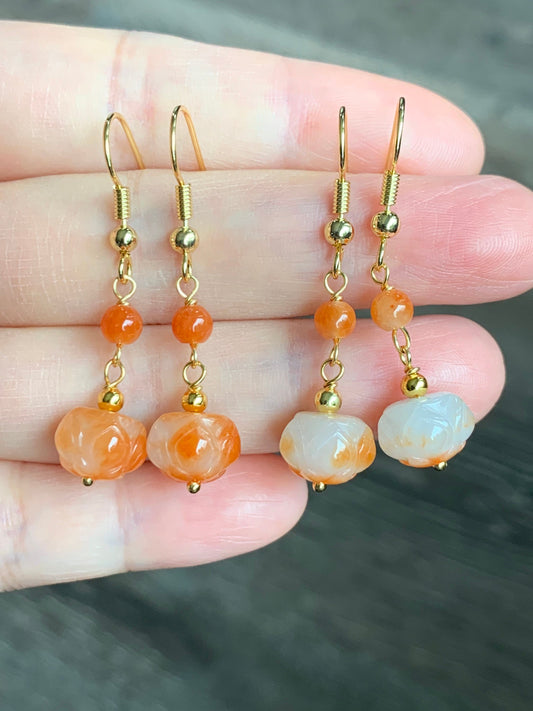Genuine Burmese Icy Translucent Gelatinous White Jadeite w/ Red Marbling Lotus Flower Dangle Earrings 14K Gold Filled 缅甸冰胶烧红翡翠莲花包金耳钩
