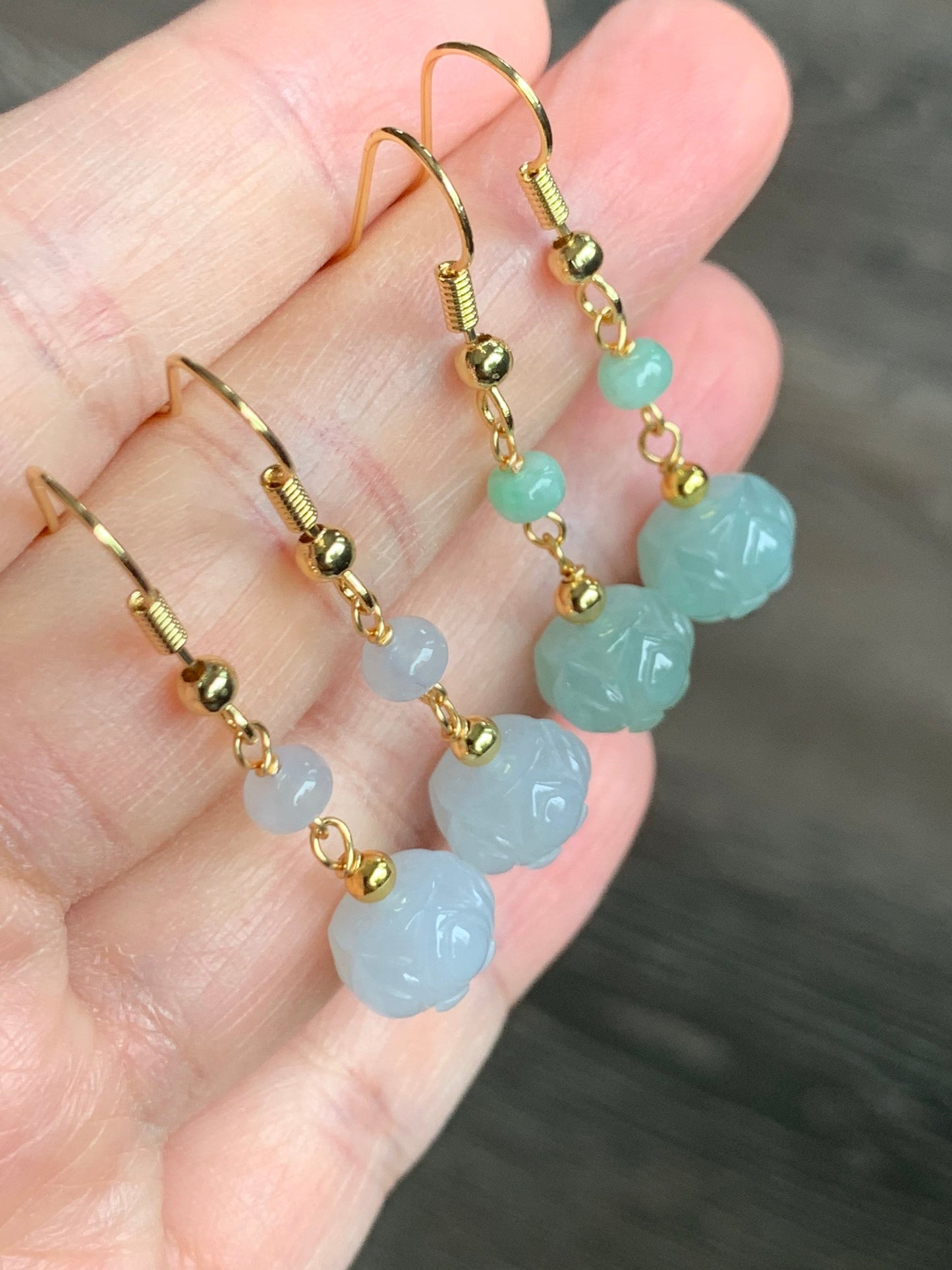 Natural Burmese Icy Translucent Gelatinous White & Green Jadeite Carved Lotus Flower Dangle Earrings 14K Gold Filled 天然缅甸冰胶翡翠莲花珠耳钩