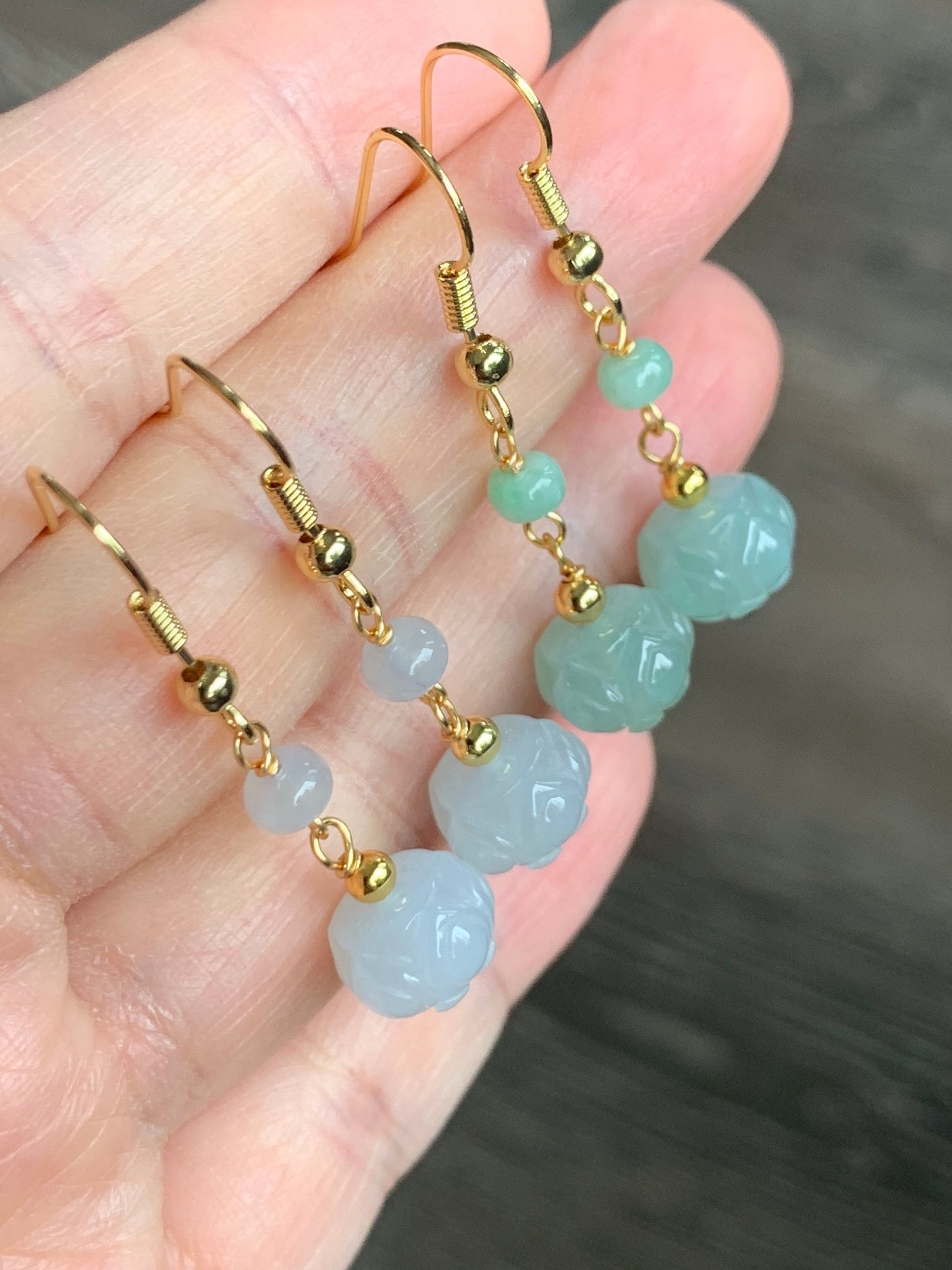 Natural Burmese Icy Translucent Gelatinous White & Green Jadeite Carved Lotus Flower Dangle Earrings 14K Gold Filled 天然缅甸冰胶翡翠莲花珠耳钩