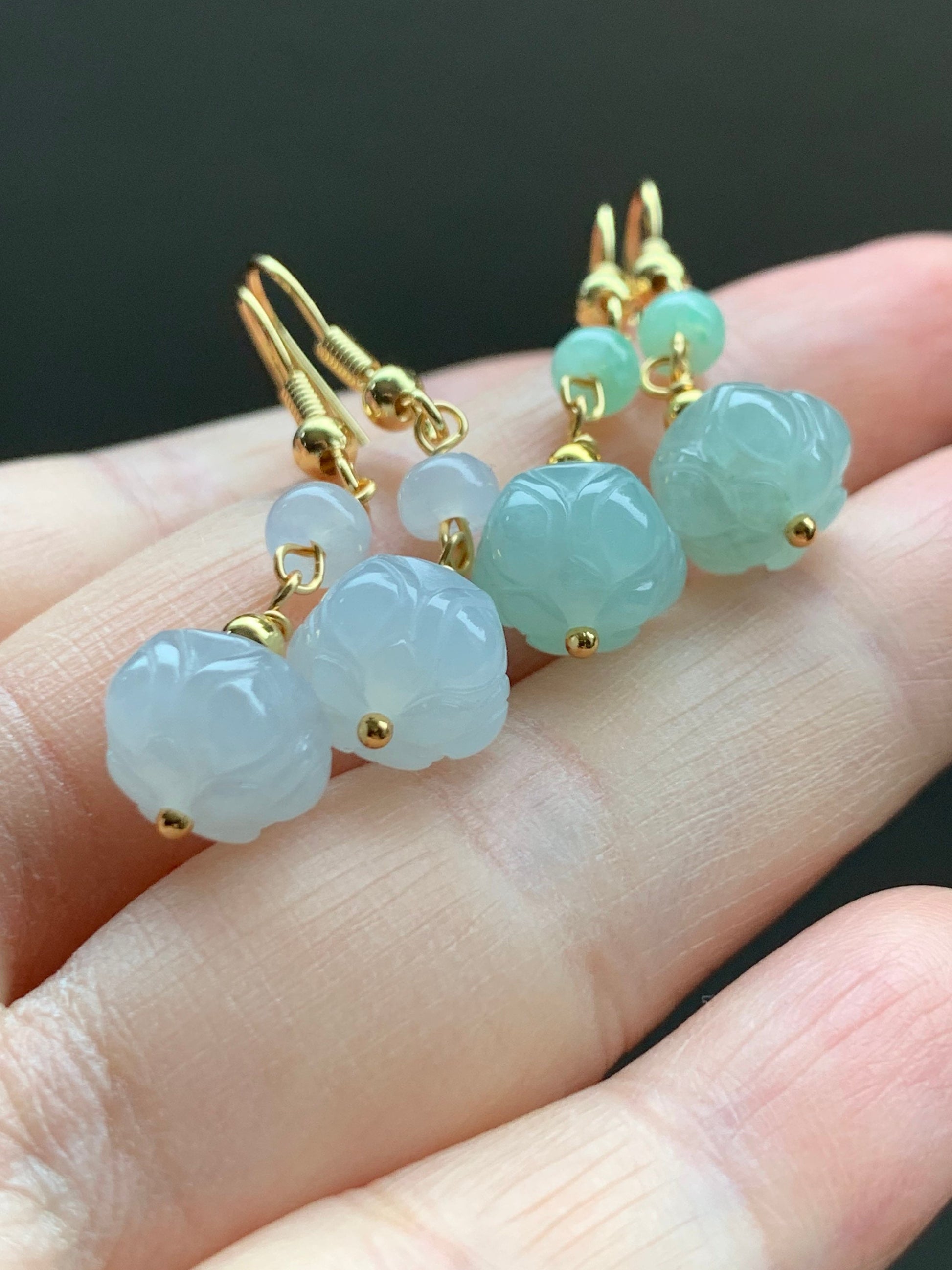 Natural Burmese Icy Translucent Gelatinous White & Green Jadeite Carved Lotus Flower Dangle Earrings 14K Gold Filled 天然缅甸冰胶翡翠莲花珠耳钩