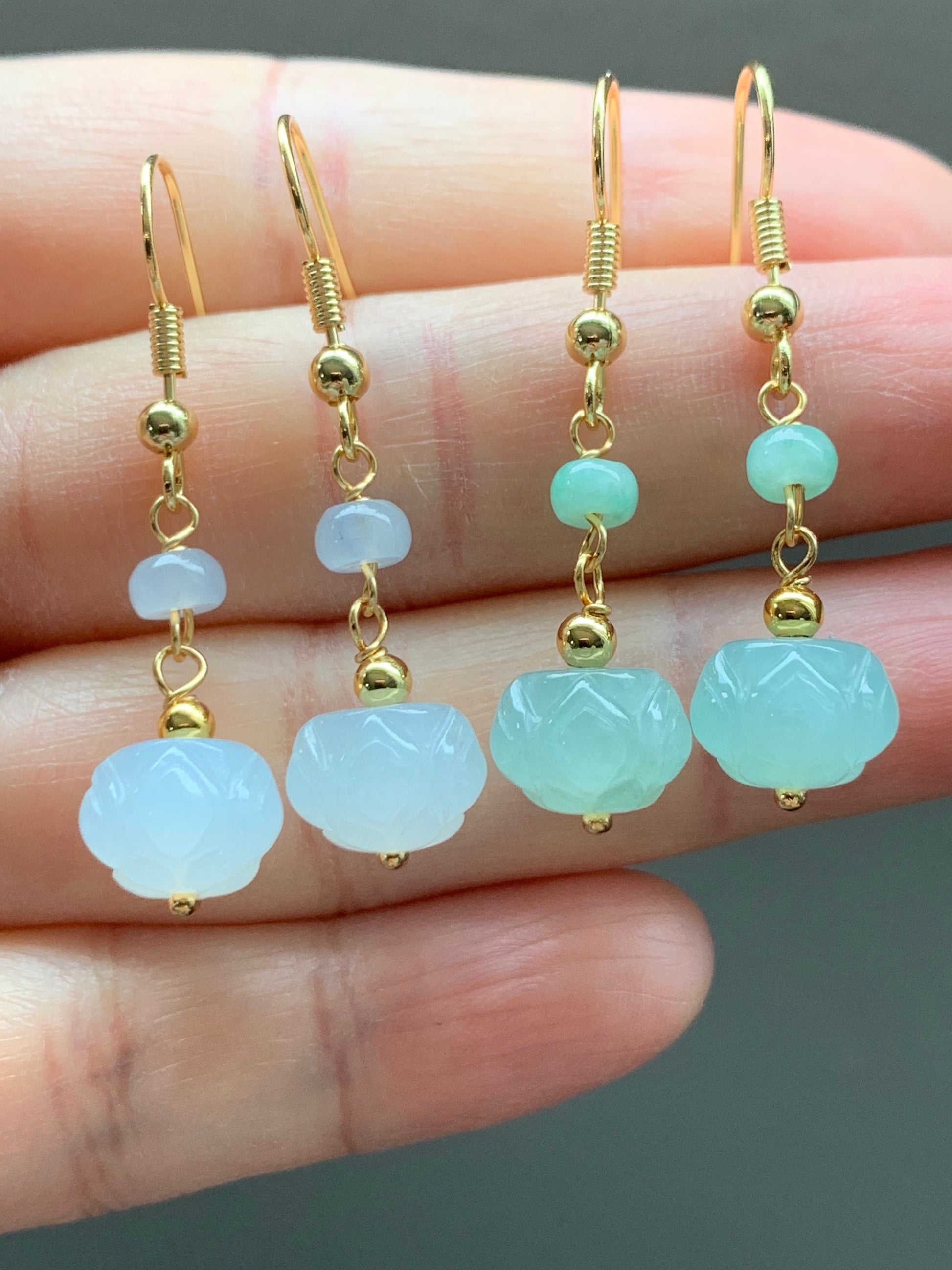 Natural Burmese Icy Translucent Gelatinous White & Green Jadeite Carved Lotus Flower Dangle Earrings 14K Gold Filled 天然缅甸冰胶翡翠莲花珠耳钩