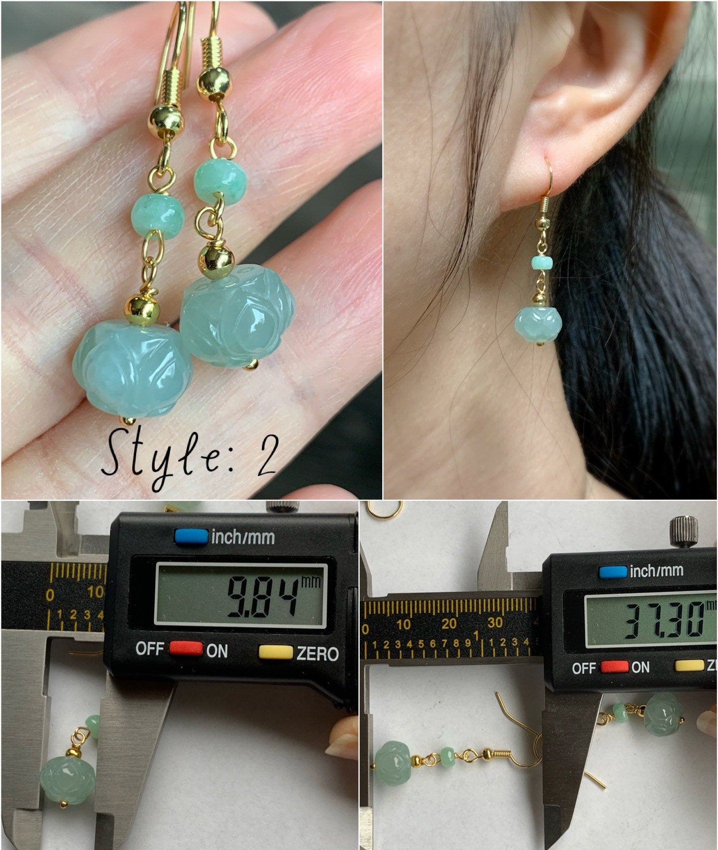 Natural Burmese Icy Translucent Gelatinous White & Green Jadeite Carved Lotus Flower Dangle Earrings 14K Gold Filled 天然缅甸冰胶翡翠莲花珠耳钩