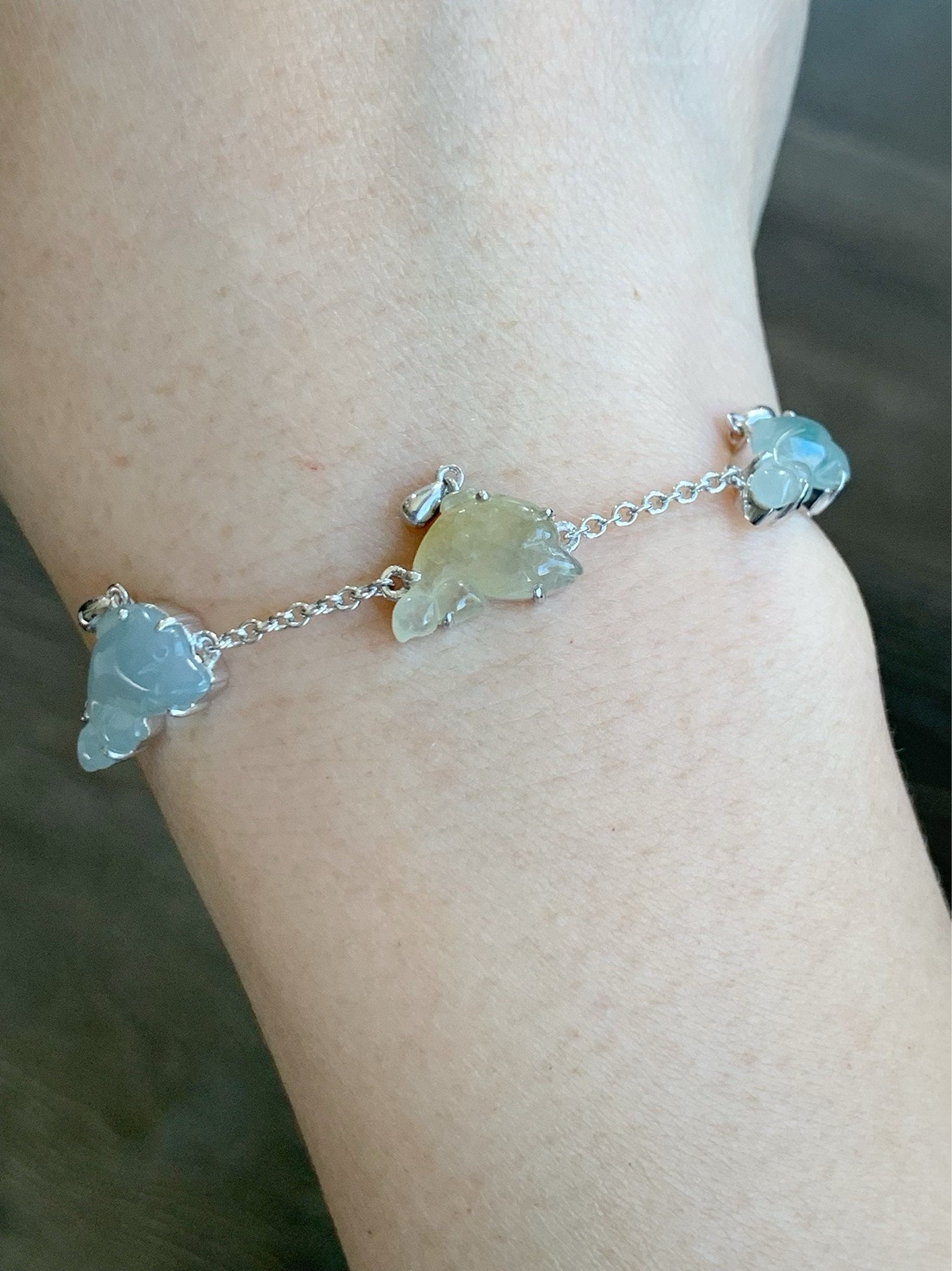 Certified Natural Burmese Icy Translucent Multicolored Jadeite Carved Dolphins Bracelet S925 Sterling Silver adjustable 天然缅甸冰多宝翡翠海豚银镶手链