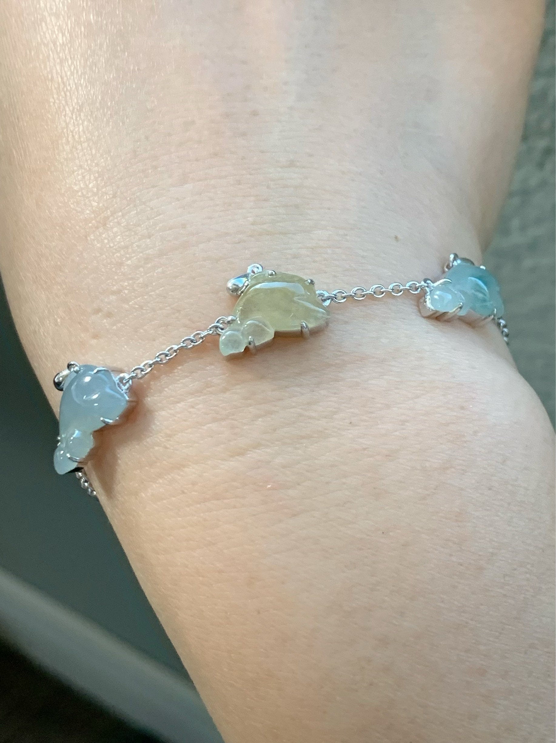 Certified Natural Burmese Icy Translucent Multicolored Jadeite Carved Dolphins Bracelet S925 Sterling Silver adjustable 天然缅甸冰多宝翡翠海豚银镶手链