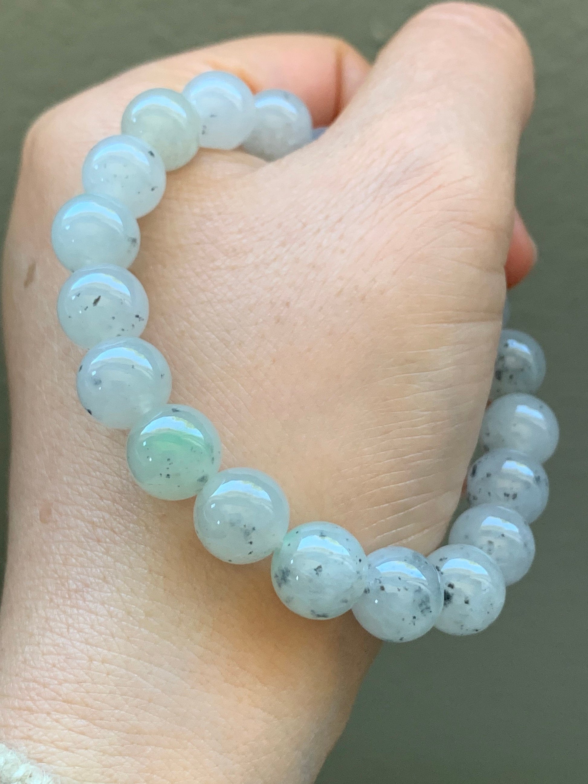 Large Burmese Natural Premium Icy Translucent Gelatinous White Wuji Jadeite Beaded Bracelet 9.7mm 7.25” 天然缅甸大卡冰胶白乌鸡翡翠手串 DBWJ-RJ
