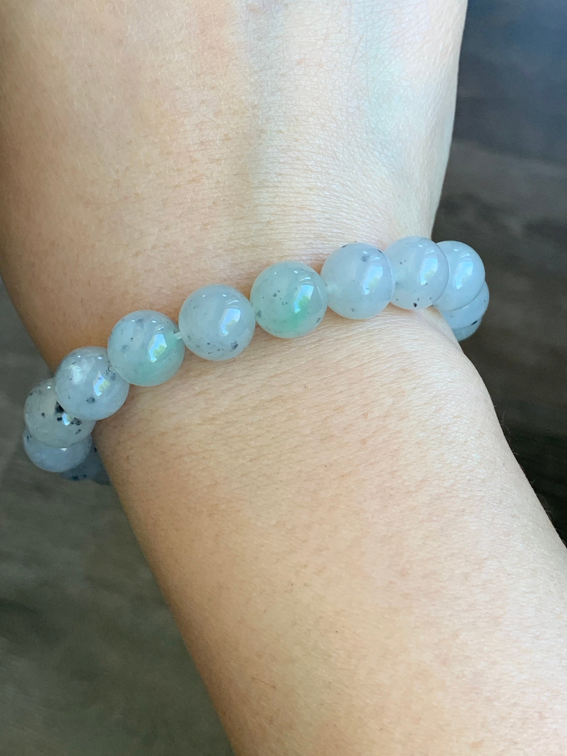 Large Burmese Natural Premium Icy Translucent Gelatinous White Wuji Jadeite Beaded Bracelet 9.7mm 7.25” 天然缅甸大卡冰胶白乌鸡翡翠手串 DBWJ-RJ