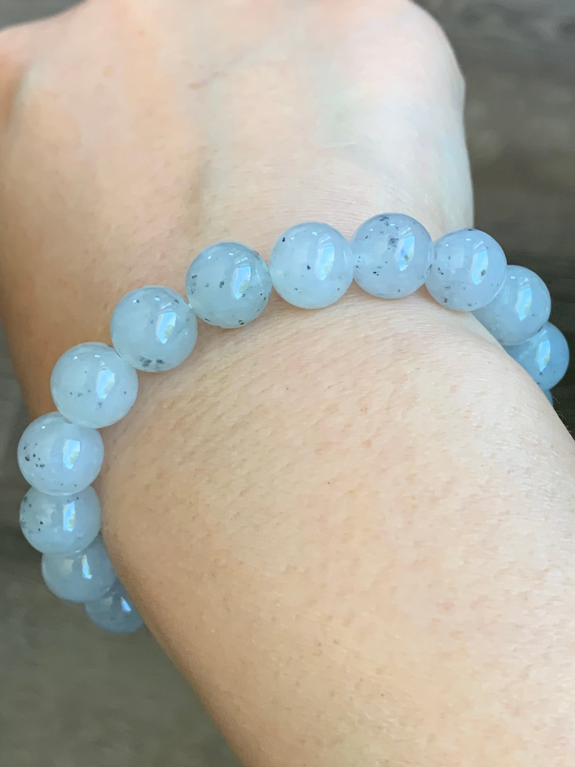 Large Burmese Natural Premium Icy Translucent Gelatinous White Wuji Jadeite Beaded Bracelet 9.7mm 7.25” 天然缅甸大卡冰胶白乌鸡翡翠手串 DBWJ-RJ