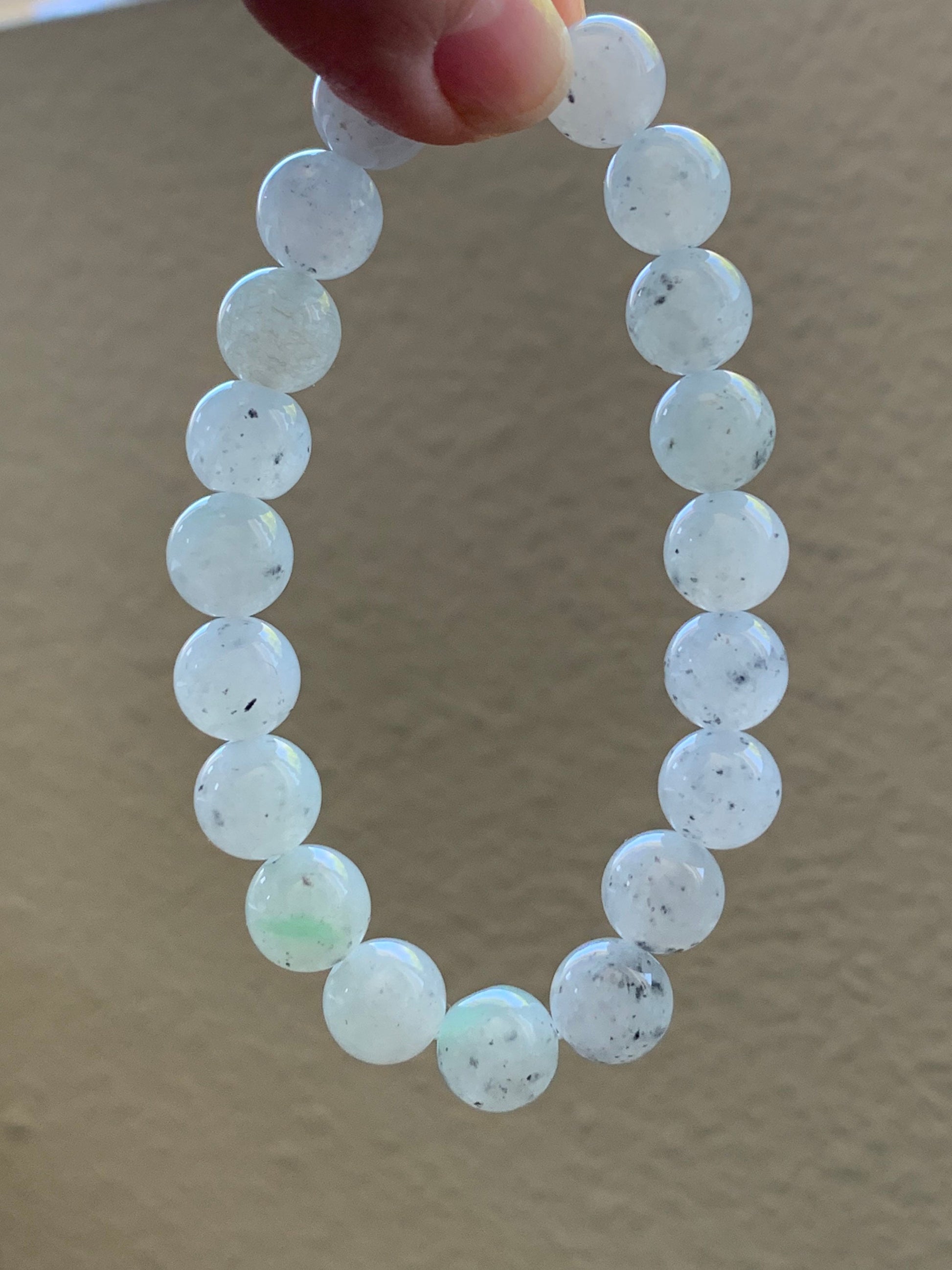 Large Burmese Natural Premium Icy Translucent Gelatinous White Wuji Jadeite Beaded Bracelet 9.7mm 7.25” 天然缅甸大卡冰胶白乌鸡翡翠手串 DBWJ-RJ