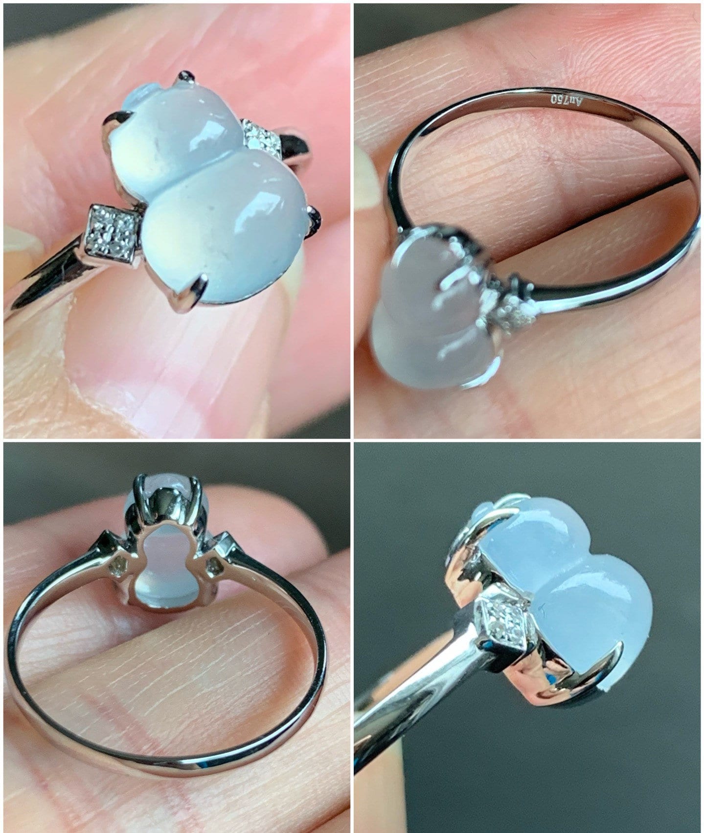 Certified Natural Burmese Premium Highly Translucent Jadeite Hulu Gourd Ring 18K White Gold & Diamonds Sz 7 天然缅甸正冰起光起钢白冰葫芦钻石镶嵌戒指