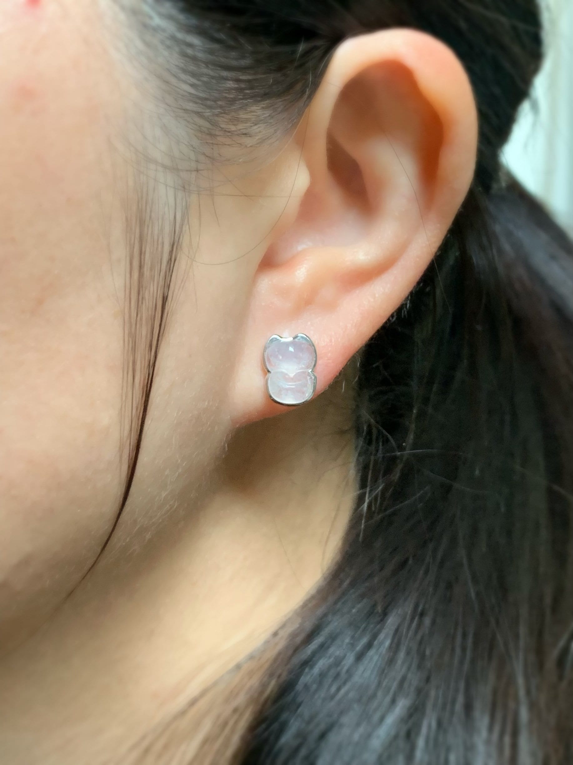 Certified Burmese Natural Premium Icy Highly Translucent Jadeite Carved Fox Stud Earrings 18K White Gold 天然缅甸白冰起光翡翠狐狸镶嵌耳钉