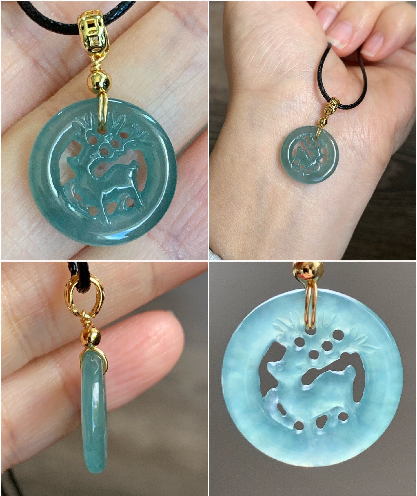 Natural Guatemalan Icy Highly Translucent Blue Jadeite Carved Deer Dangle Earrings / Pendant / Bracelet 14K Gold Plated 天然冰危A货蓝水翡翠双面雕鹿牌