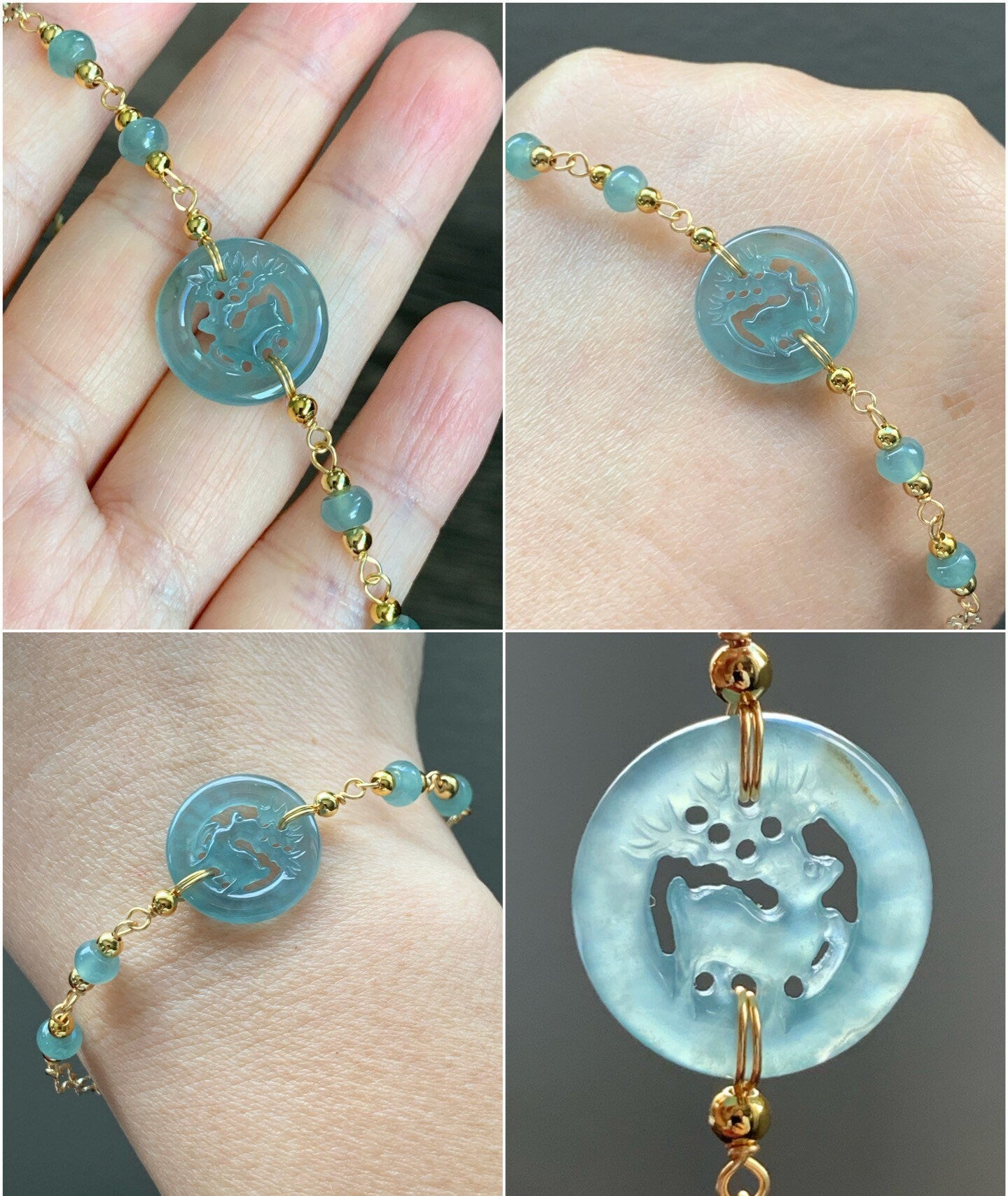 Natural Guatemalan Icy Highly Translucent Blue Jadeite Carved Deer Dangle Earrings / Pendant / Bracelet 14K Gold Plated 天然冰危A货蓝水翡翠双面雕鹿牌