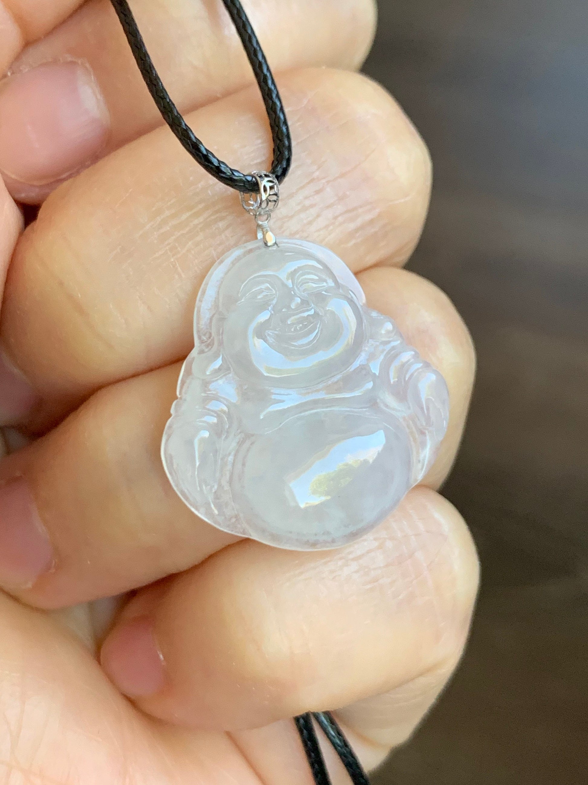 Natural Burmese Icy Highly Translucent White Jadeite Carved Buddha Pendant 18K White Gold Bail 天然缅甸白冰翡翠佛公镶嵌吊坠