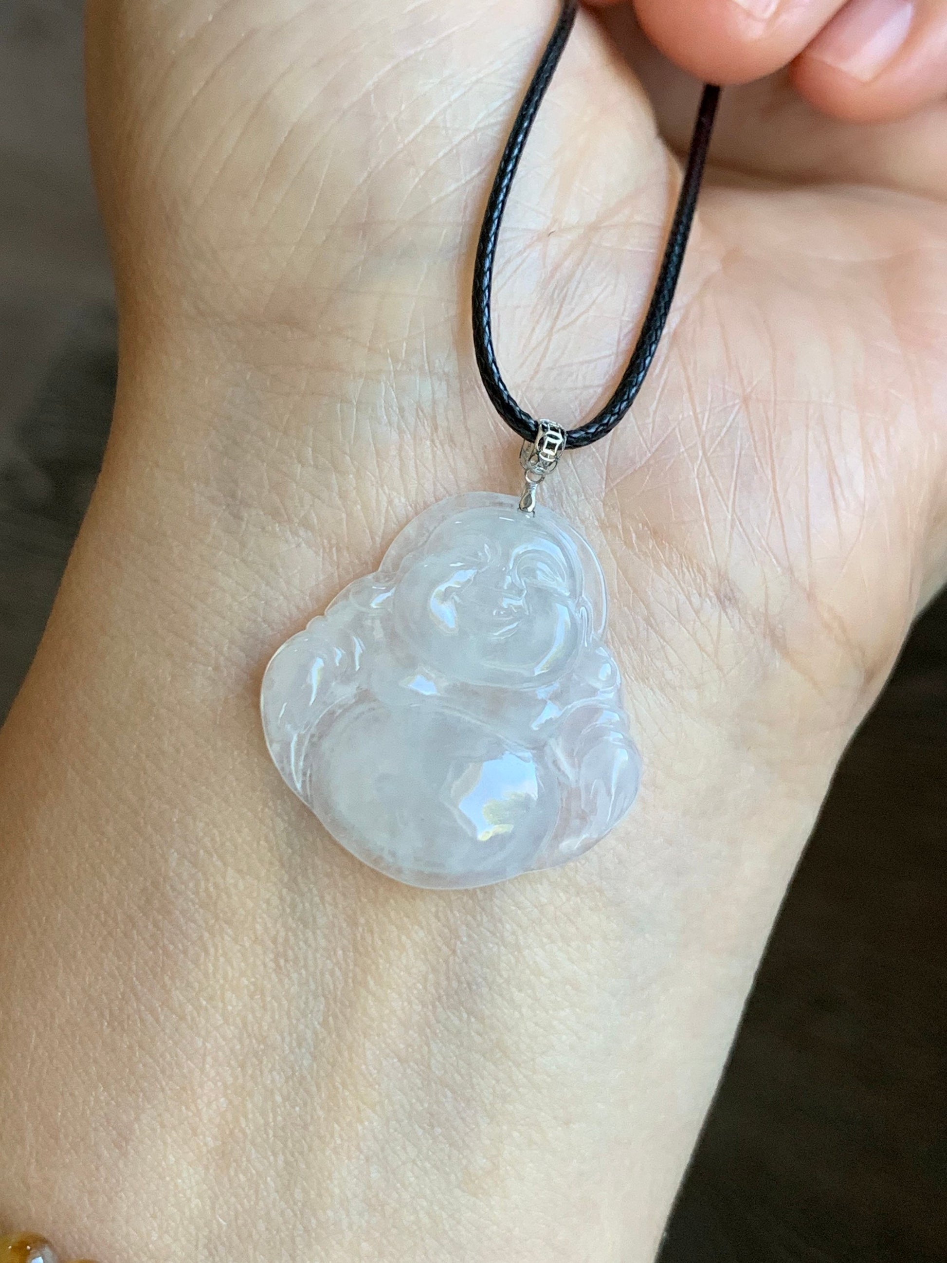 Natural Burmese Icy Highly Translucent White Jadeite Carved Buddha Pendant 18K White Gold Bail 天然缅甸白冰翡翠佛公镶嵌吊坠