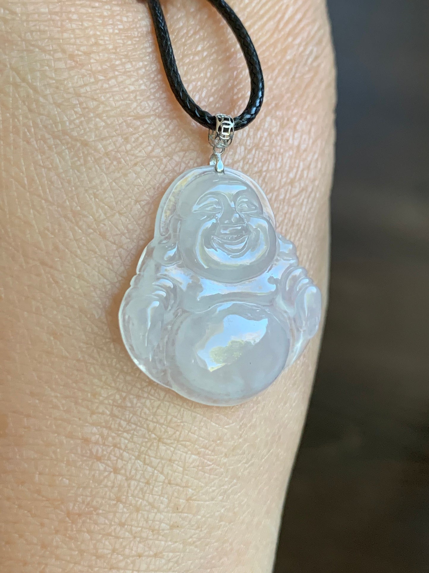 Natural Burmese Icy Highly Translucent White Jadeite Carved Buddha Pendant 18K White Gold Bail 天然缅甸白冰翡翠佛公镶嵌吊坠