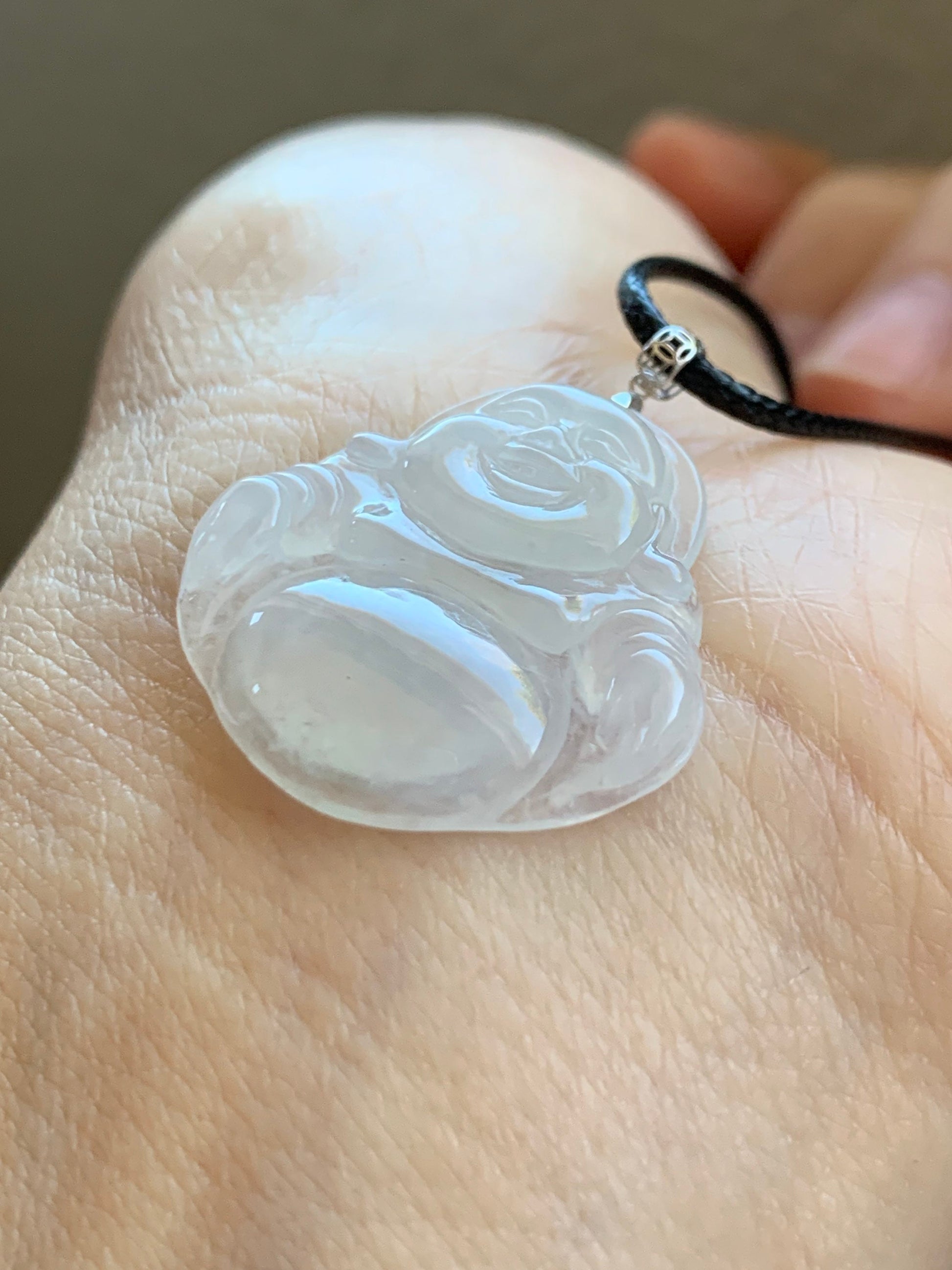 Natural Burmese Icy Highly Translucent White Jadeite Carved Buddha Pendant 18K White Gold Bail 天然缅甸白冰翡翠佛公镶嵌吊坠