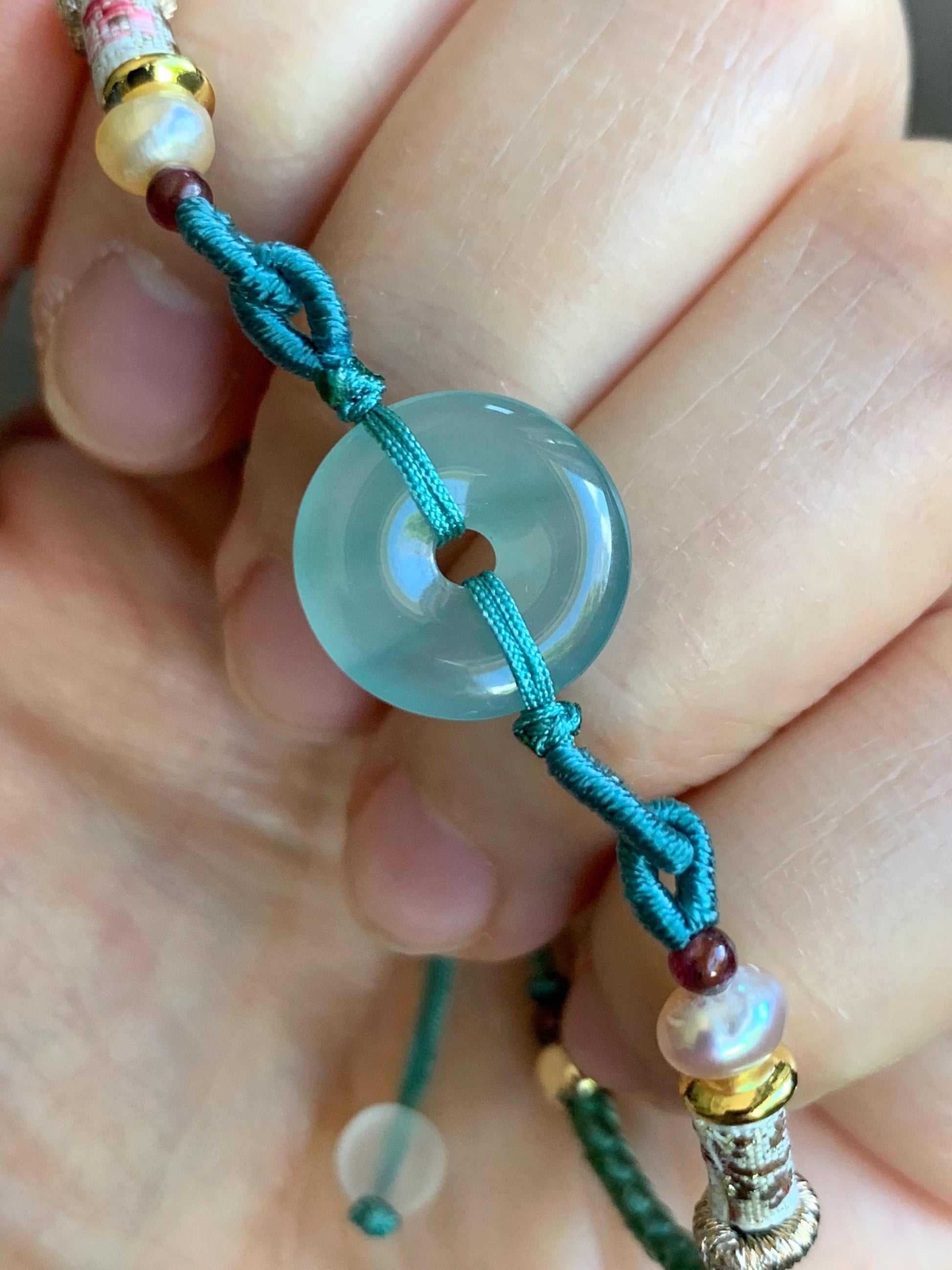 Natural Burmese Icy Highly Translucent Light Green Jadeite Ping An Kou Donut Bead Rope Bracelet Adjustable up to 8.5” 天然缅甸冰胶晴底翡翠平安扣手绳