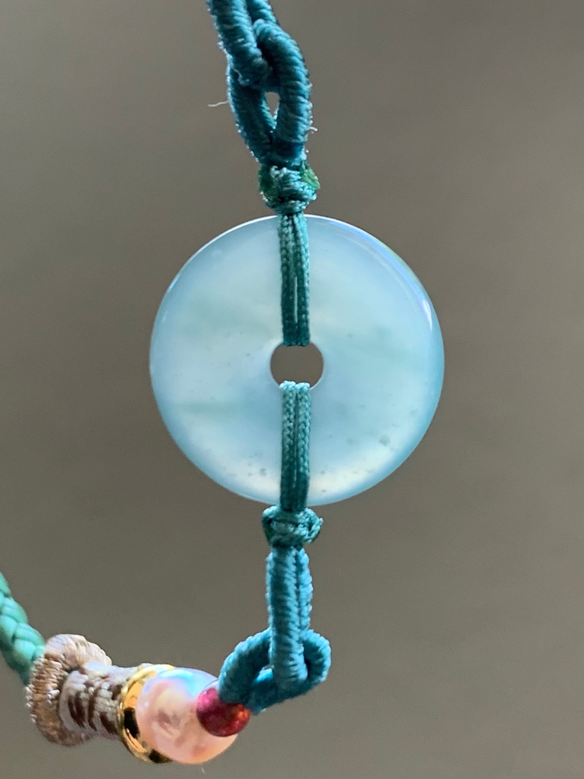 Natural Burmese Icy Highly Translucent Light Green Jadeite Ping An Kou Donut Bead Rope Bracelet Adjustable up to 8.5” 天然缅甸冰胶晴底翡翠平安扣手绳