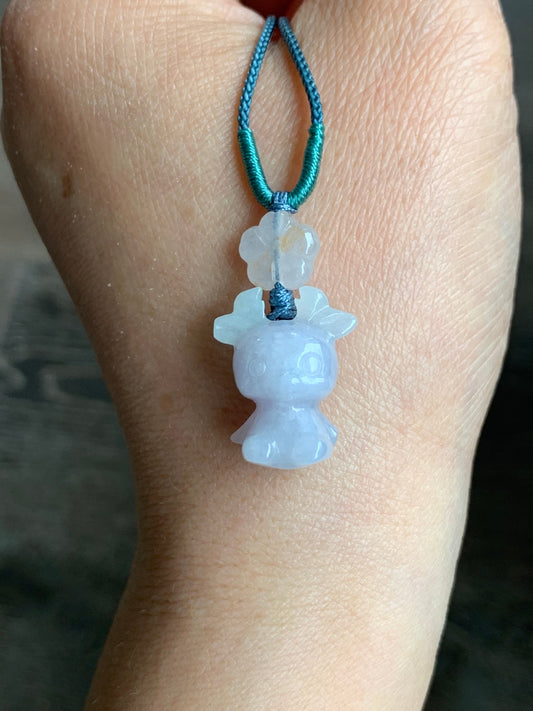Natural Burmese Icy Translucent Jadeite Carved Deer & Cherry Blossom Pendant Rope Necklace Adjustable up to 24” 天然缅甸冰淡紫翡翠小鹿梅花吊坠