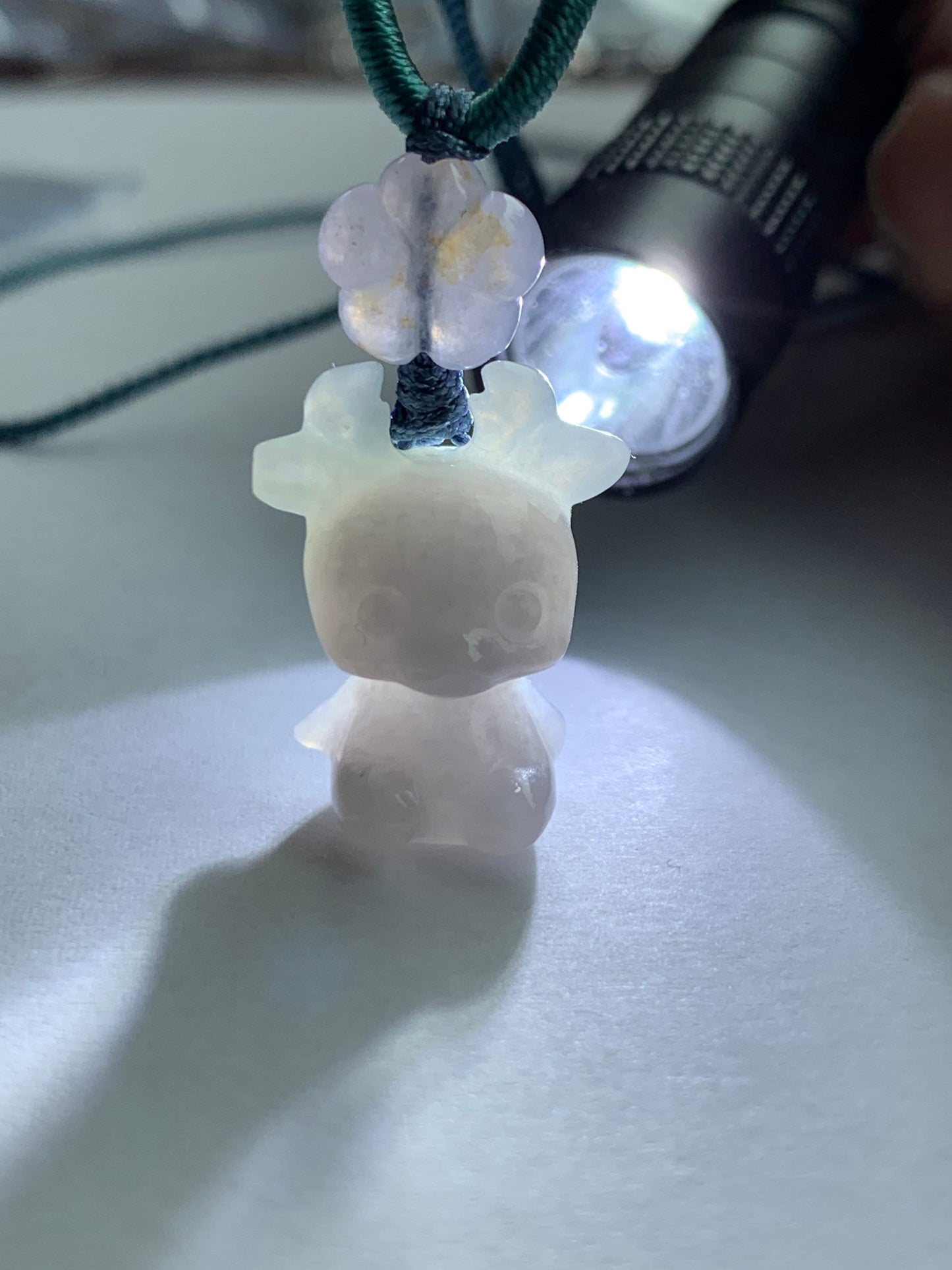 Natural Burmese Icy Translucent Jadeite Carved Deer & Cherry Blossom Pendant Rope Necklace Adjustable up to 24” 天然缅甸冰淡紫翡翠小鹿梅花吊坠