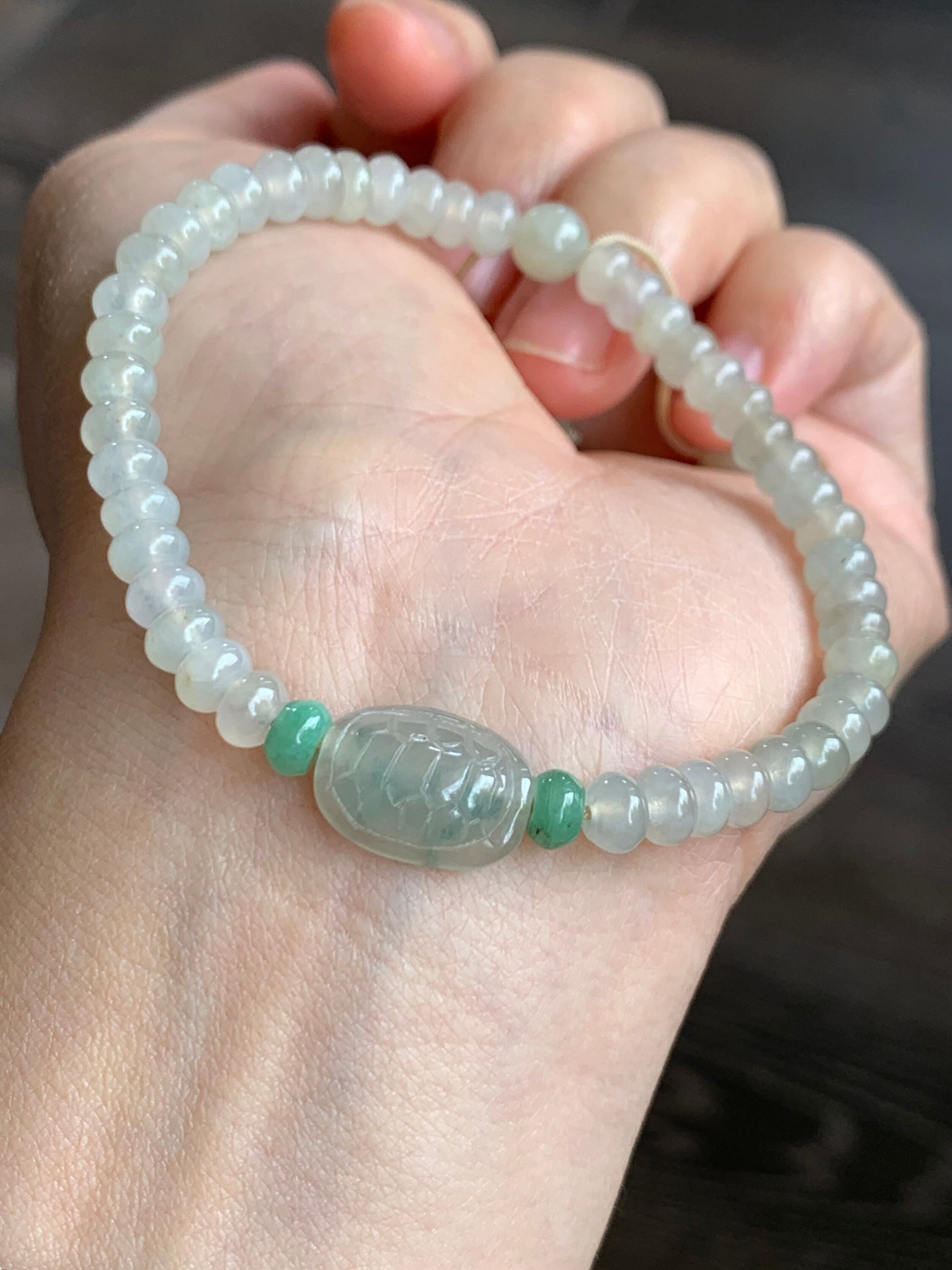 Natural Burmese Icy Highly Translucent Jadeite Flat Beads Carved Green Marbled Jadeite Turtle Shell Beaded Bracelet 7” 天然缅甸冰糖黄翡翠算盘珠飘花富甲手串