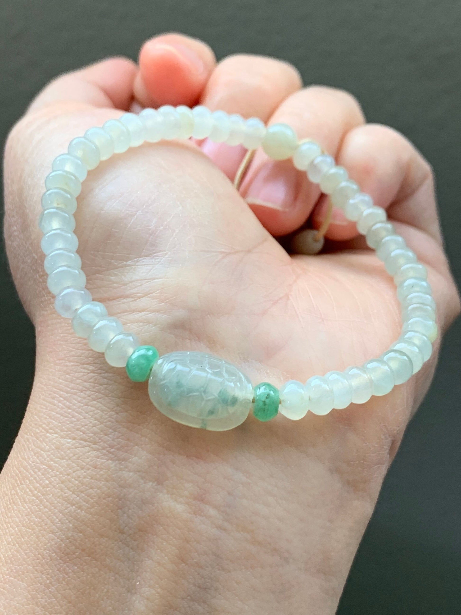 Natural Burmese Icy Highly Translucent Jadeite Flat Beads Carved Green Marbled Jadeite Turtle Shell Beaded Bracelet 7” 天然缅甸冰糖黄翡翠算盘珠飘花富甲手串