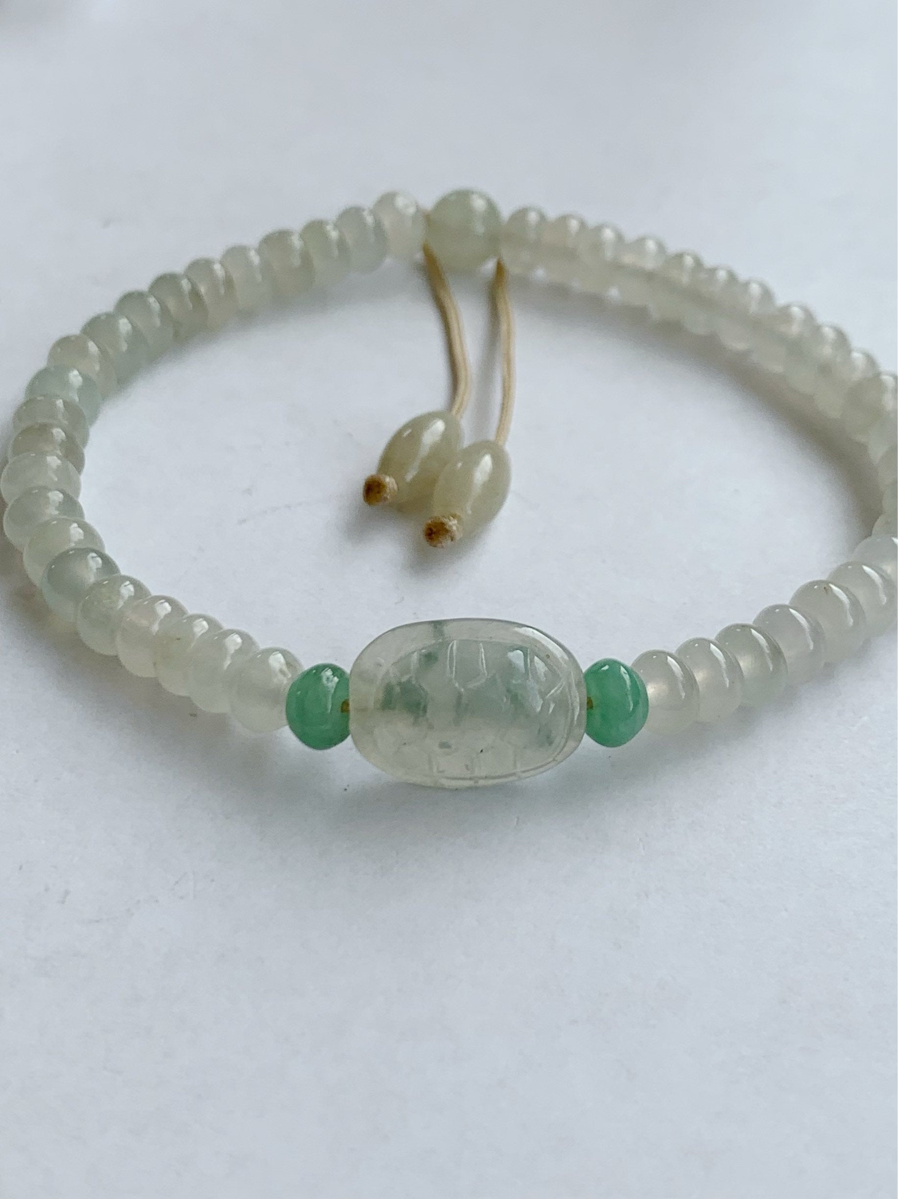 Natural Burmese Icy Highly Translucent Jadeite Flat Beads Carved Green Marbled Jadeite Turtle Shell Beaded Bracelet 7” 天然缅甸冰糖黄翡翠算盘珠飘花富甲手串