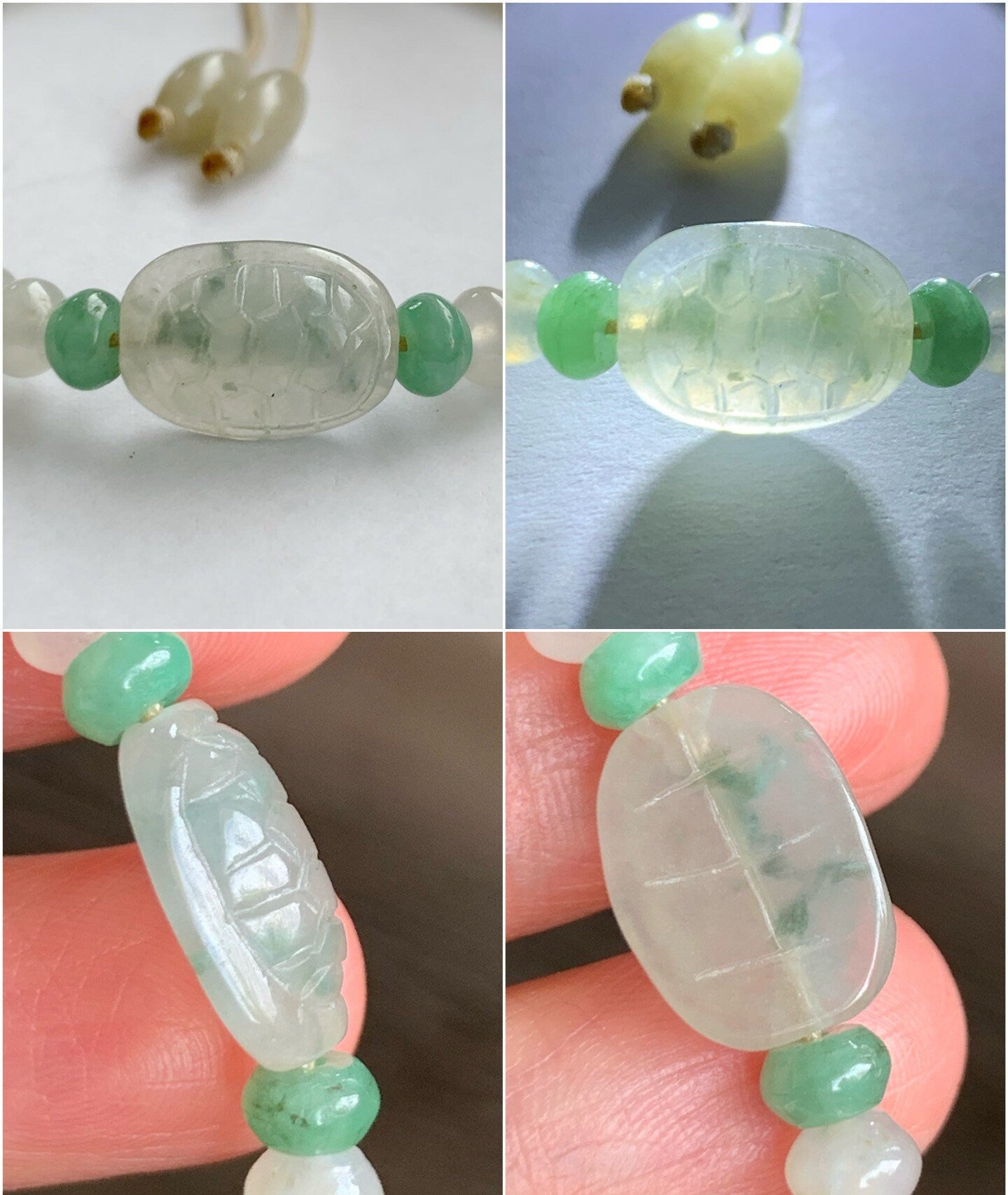 Natural Burmese Icy Highly Translucent Jadeite Flat Beads Carved Green Marbled Jadeite Turtle Shell Beaded Bracelet 7” 天然缅甸冰糖黄翡翠算盘珠飘花富甲手串